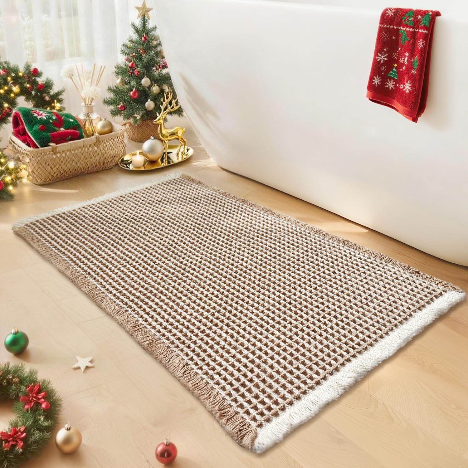 Waffle Bath Mat - Boho Bathroom Rugs Non Slip Washable Super Absorbent Quick Dry Small Bath Mats Farmhouse