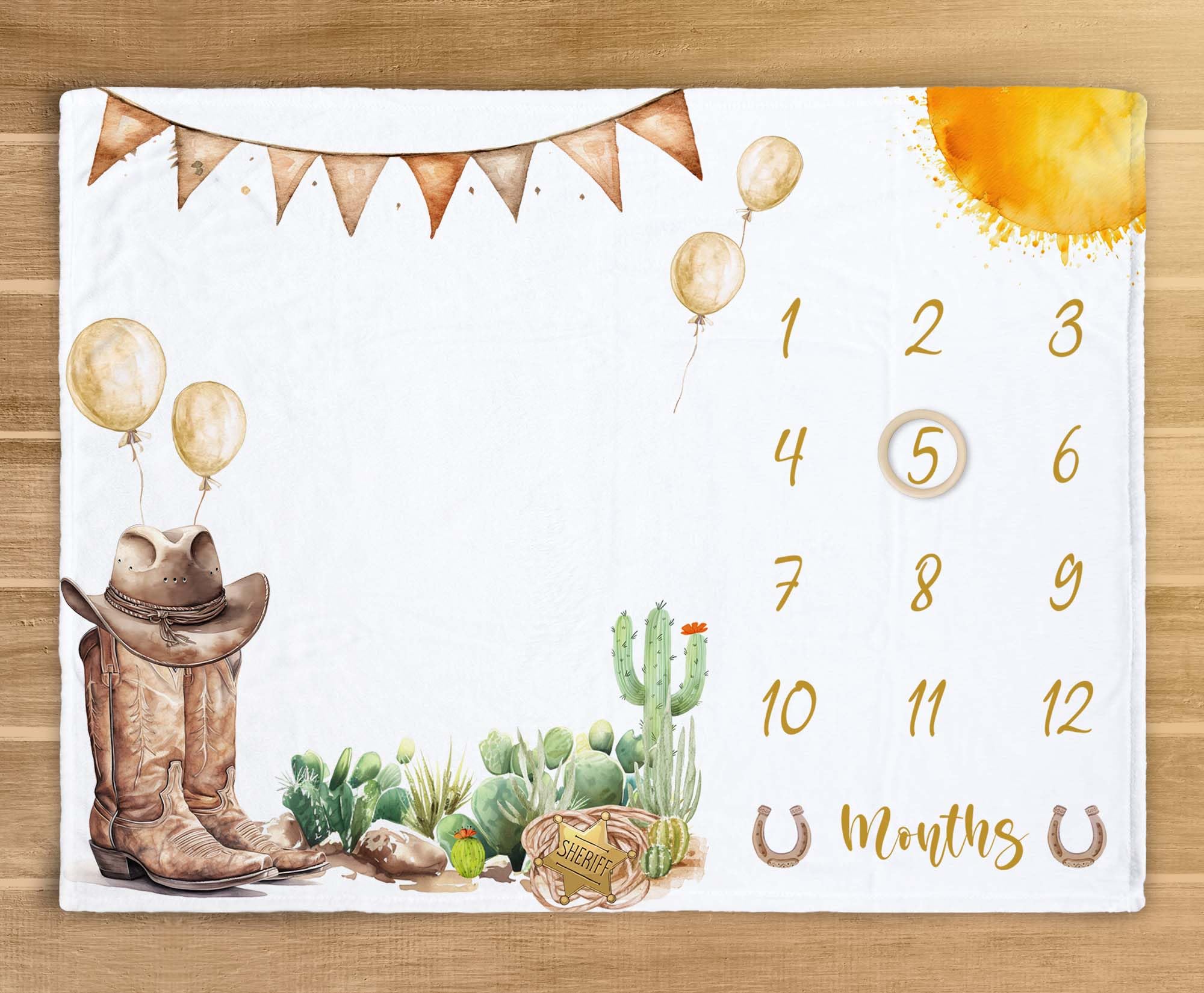 Cowboy Theme Baby Milestone Blanket - 48x40in Flannel Growth Tracker With Gun Rope Background