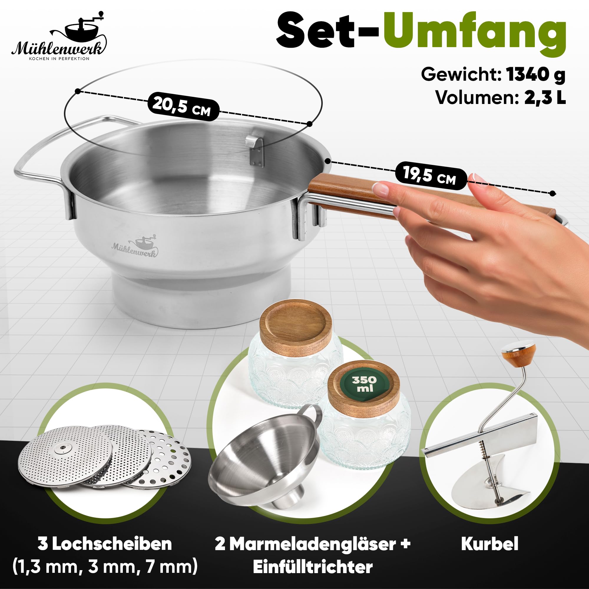 𝐌Ü𝐇𝐋𝐄𝐍𝐖𝐄𝐑𝐊 Passiermühle + Marmeladengläser, Trichter & 3 Einlagen