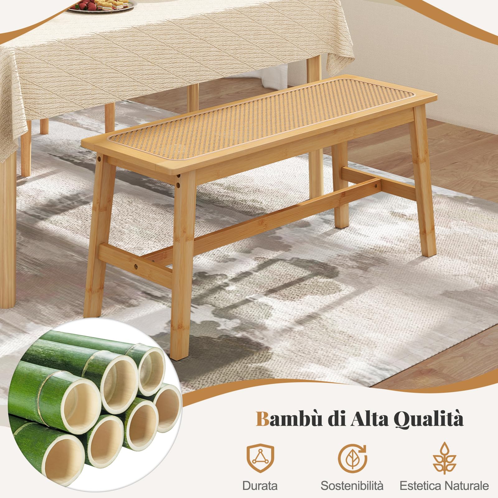 COSTWAY Panca da Pranzo 100 cm in Bambù Naturale, Panchina per 2 Persone con Seduta Rattan Intrecciato a Mano, Panca Stile Fattoria per Cucina, Bagno e Camera da Letto, Sgabello per Scarpe