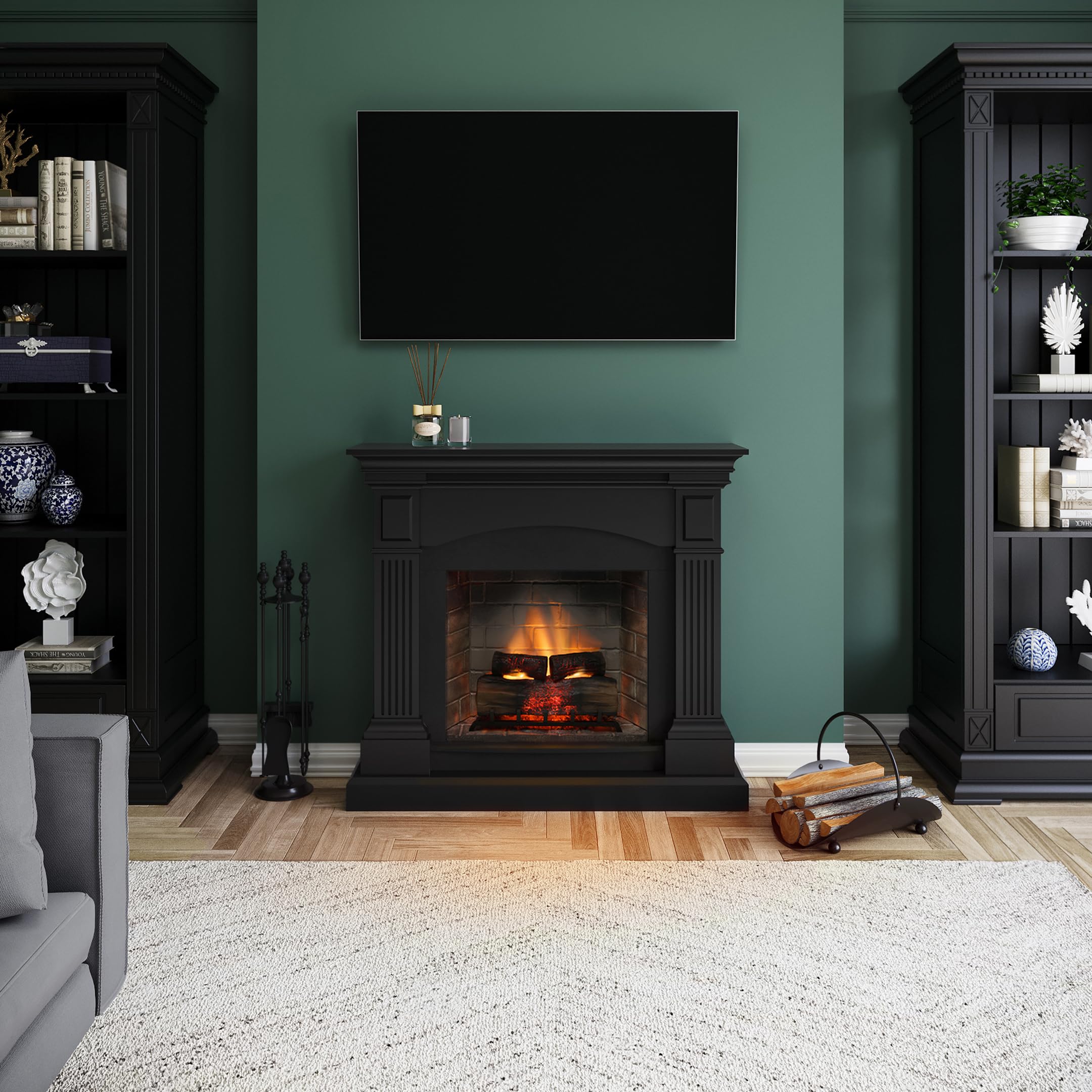 TAGU Magna Camino Elettrico con PowerFlame 2, Riscaldatore e Termostato, Suono Crepitante, Wi-Fi e Luce Ambientale (Nero Profondo)