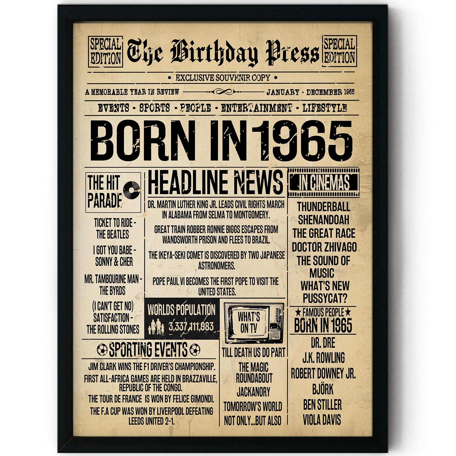 Stuff4 Women's 1965 61St Birthday Poster Framed - Born In Vintage Newspaper - Happy 61St Birthday Gifts For Men Retro Back In 8X10 Inch Decor Decoration Bday Party