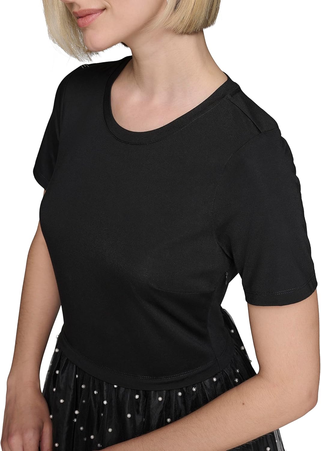 KARL LAGERFELD Womens Pearl Mesh Short Sleeve Round Neck Midi Dress - Image 5