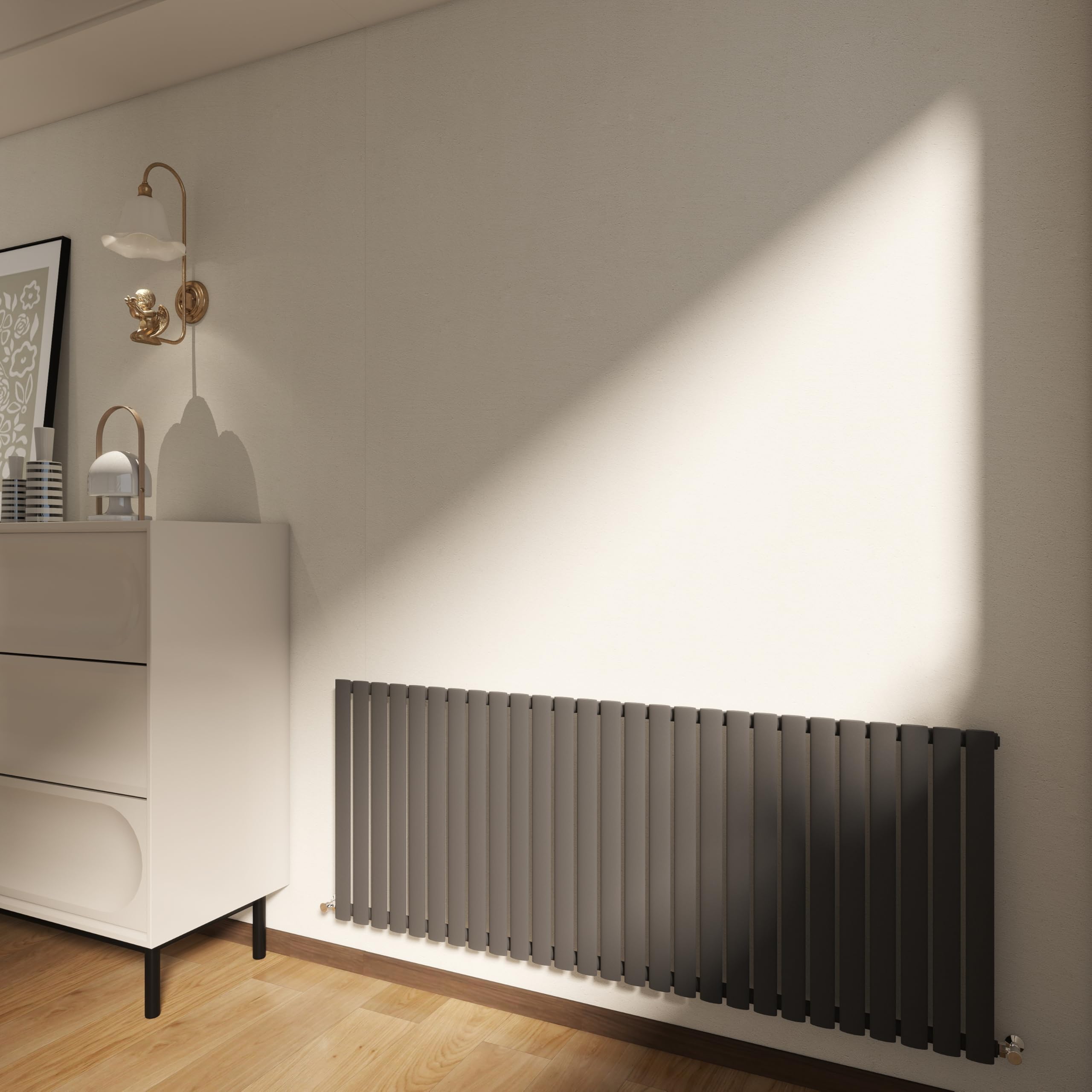Horizontal Designer Column Radiator, 600x1593mm Column Radiator Anthracite Oval Column, Single Panel Modern Radiator for Bathroom/Living Room, Central Heating Heater, Grey Radiator, Wall Mounted Rads