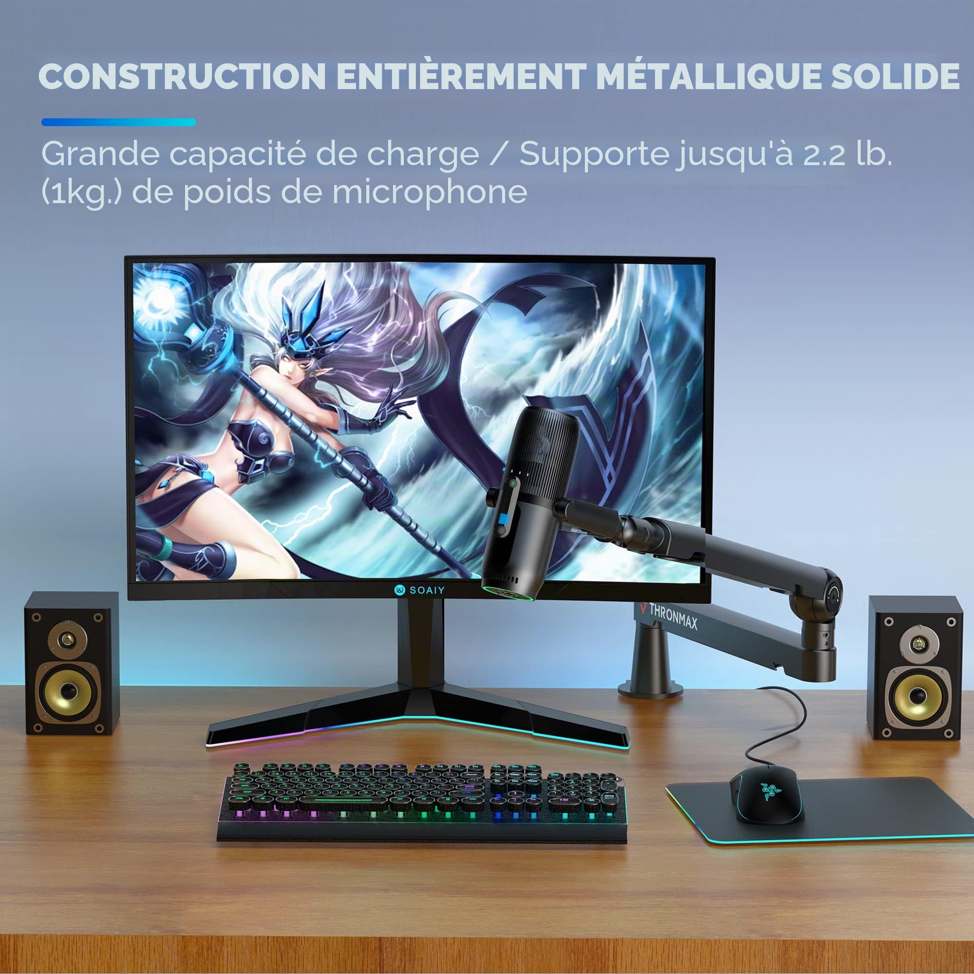THRONMAX S6 Bras de micro low profile pour Game Streaming&Broadcasting, Robuste Boom arm universel avec adaptateur 1/4",3/8", 5/8"，Bras de micro entièrement métallique et entièrement réglable, Blanc