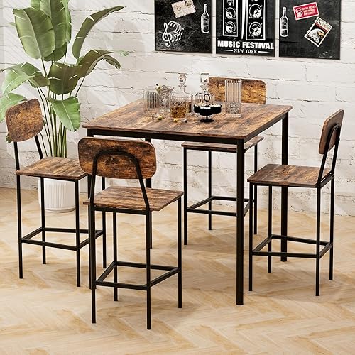 Miniatura 2 de KOTEK Juego de mesa de comedor de 5 piezas, mesa de cocina industrial y sillas para 4, juego de comedor que ahorra espacio con taburetes de bar para