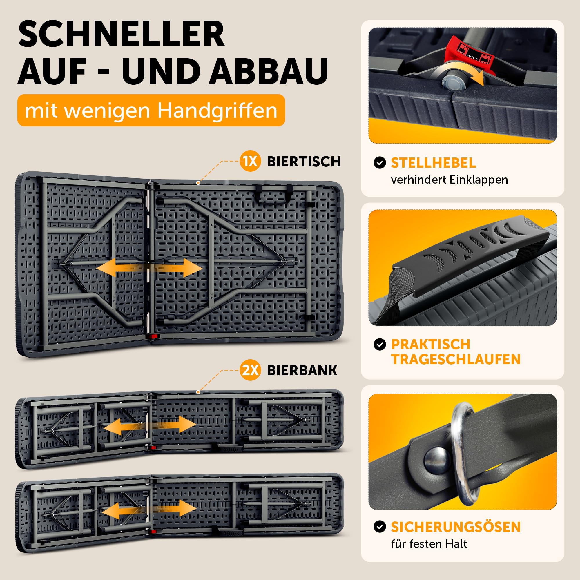 Blumtal Bierzeltgarnitur 3er Set - 2X Bierbank + 1x Biertisch - tragstarke Biertischgarnitur klappbar für 8 Personen - Bierbankgarnitur mit Tragegriff - Biergartengarnitur in Rattan-Optik Schwarz