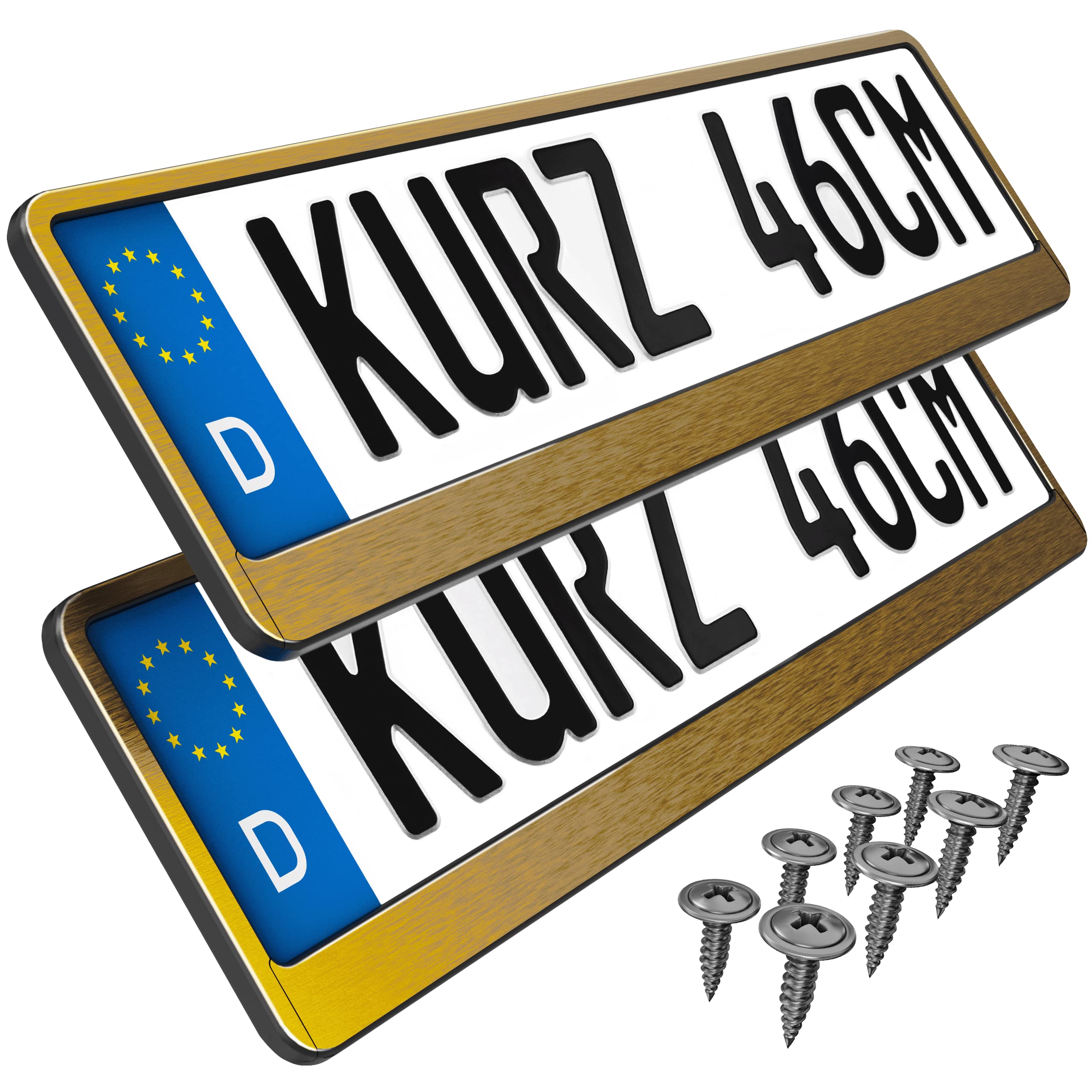 2 Kennzeichenhalter kurz 46 x 11cm Auto Nummernschildhalter Kurze Kennzeichenhalterung 460mm x 110mm Kurzer kennzeichenhalter (Gold Chrom gebürstet)