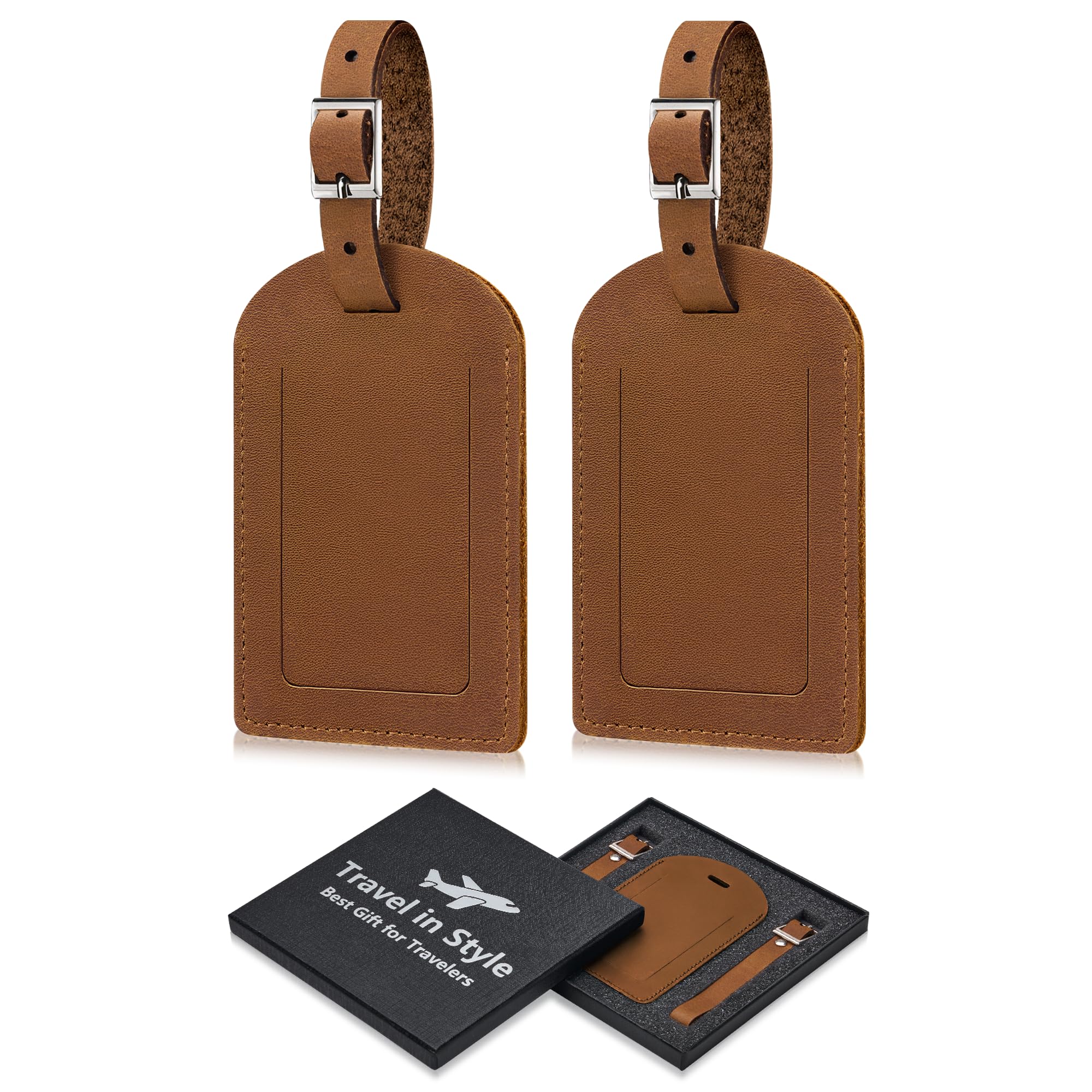 Genuine Leather Luggage Tags with Gift Box, Privacy Protection Suitcase Tags TSA Approved, 2 Pack Durable Travel Bag Tags, Brown