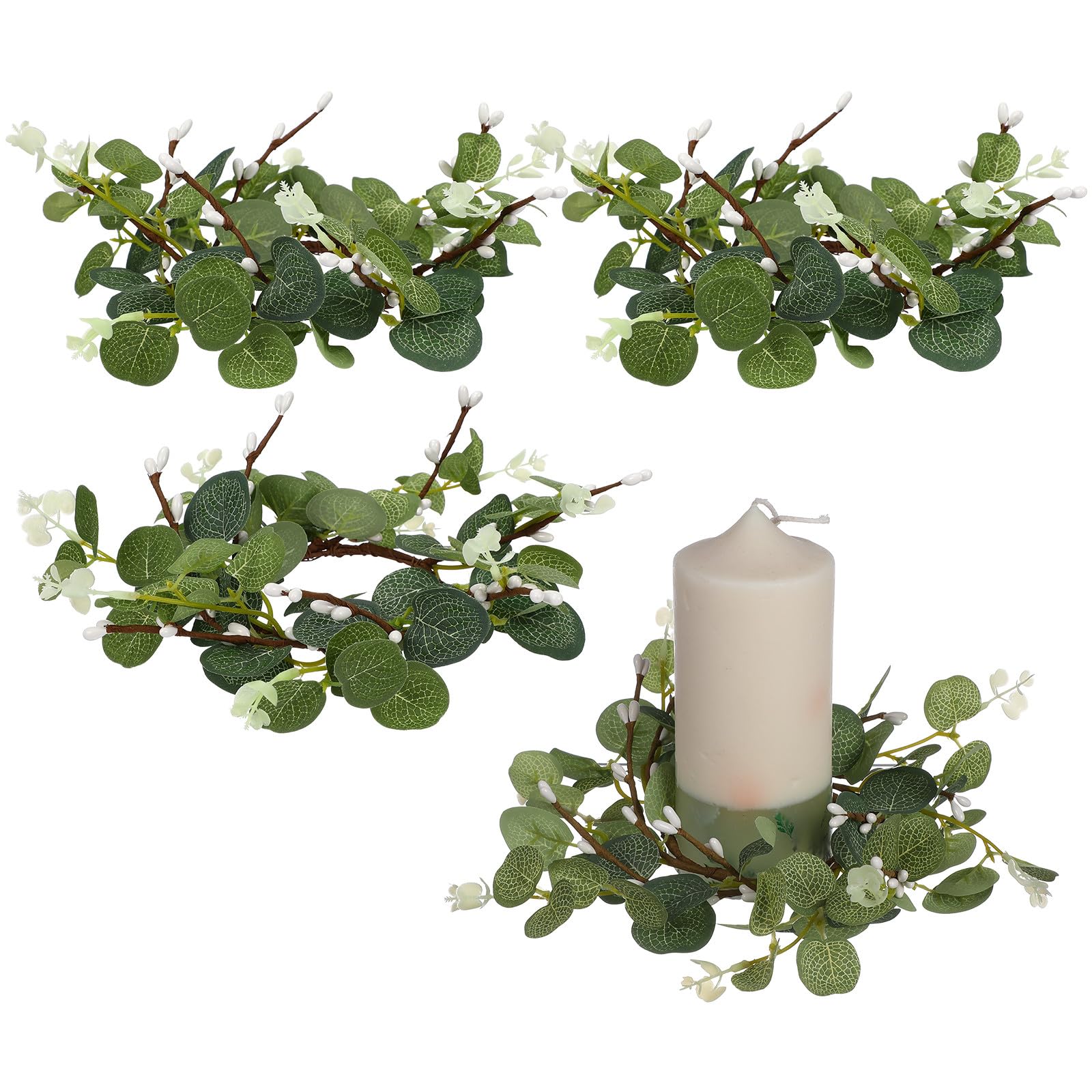 Anneaux de bougie eucalyptus artificielle (lot de 4) en soie verte pour table