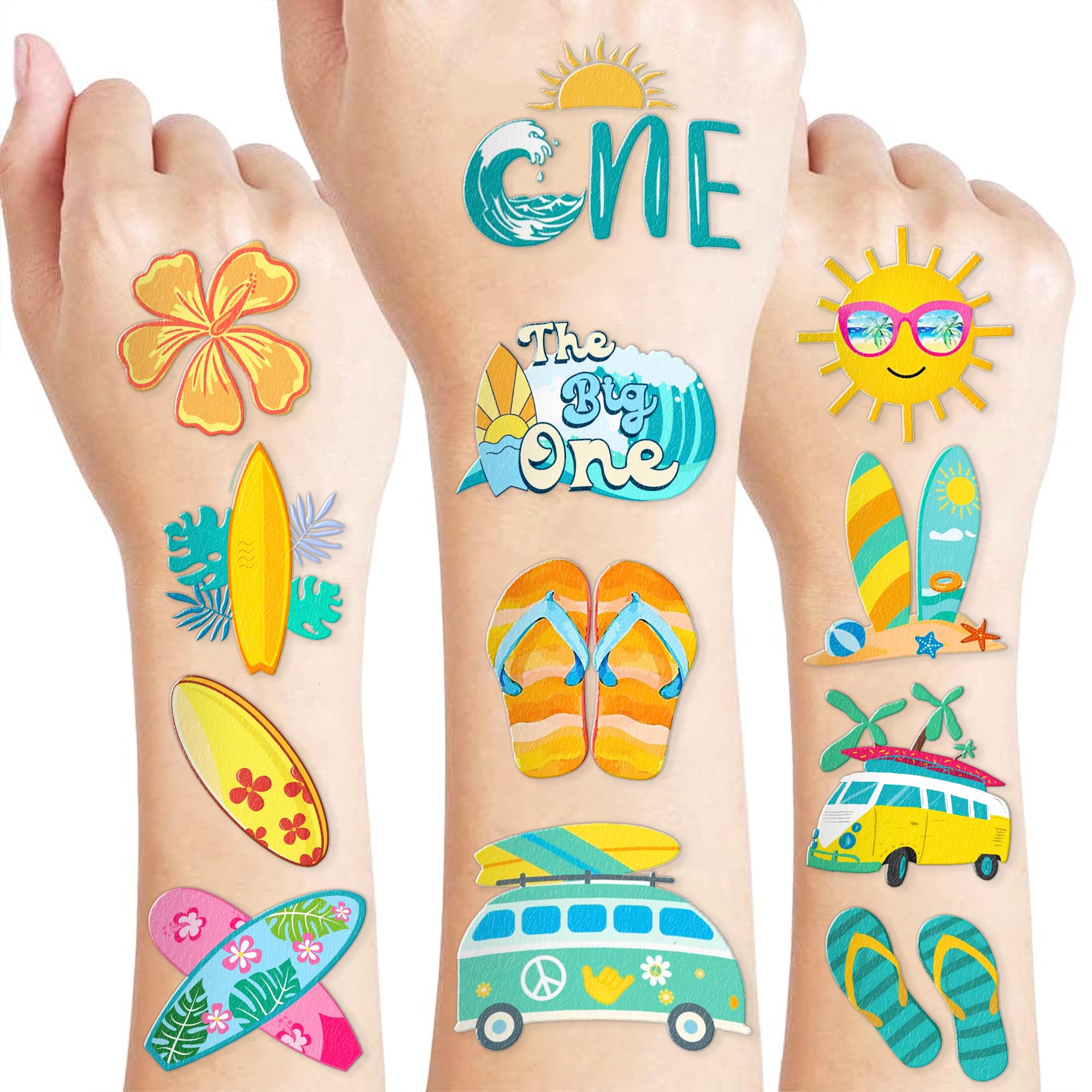 Cute Surfing Temporary Tattoos The Big One Surf Birthday Party Decorations Favors Supplies Summer 1st Themed Stickers 10 Sheets 100 PCS Gifts for Kids Girls Boys Decor Class School Carnival Christmas