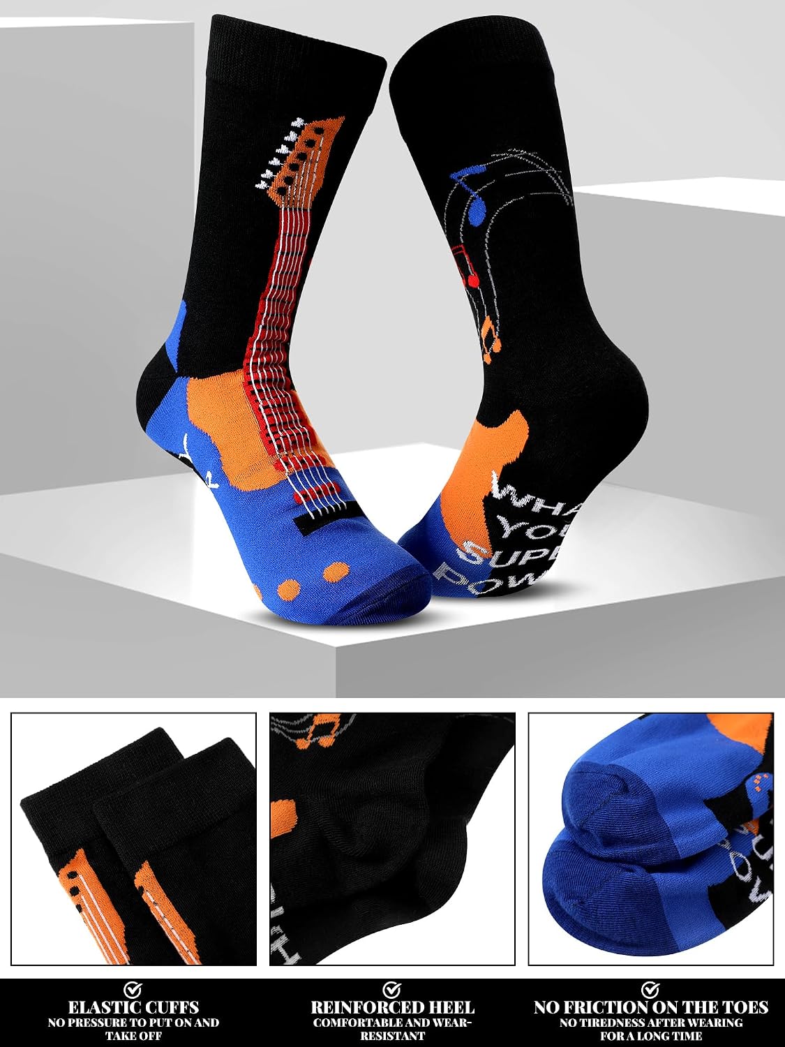 Suhine 12 Pairs Music Socks for Men Novelty Instrument Guitar Crew Socks Funny Musical Merch Birthday Holiday Gift for Music Lovers Teachers Musicians