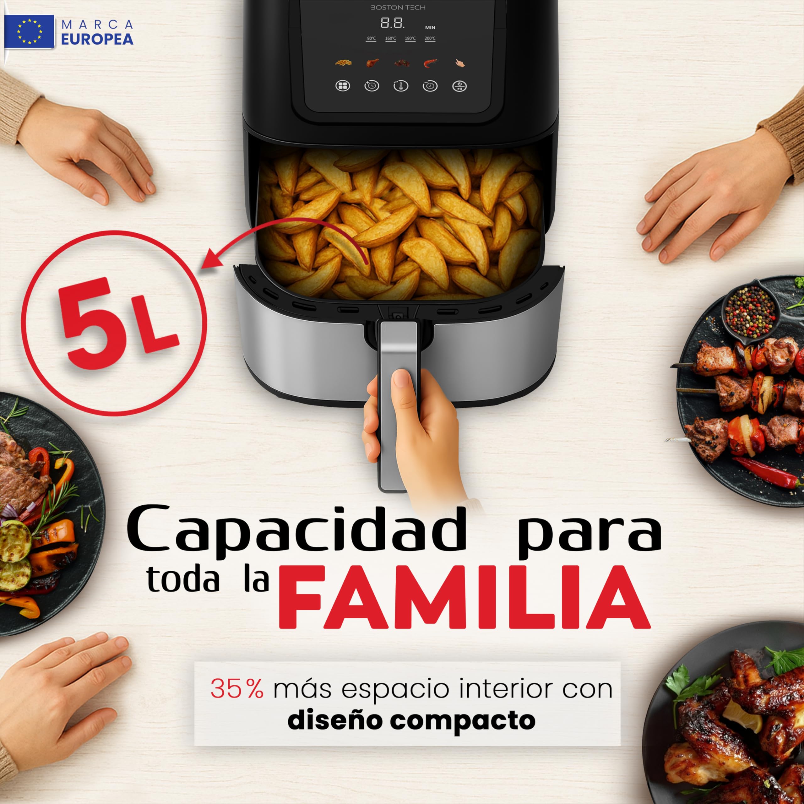 Boston Tech Freidora de Aire Master Fryer 5L, 1500W, 5 Programas, Pantalla LED, Control Táctil, Temperatura Ajustable, Cesta Antiadherente, Temporizador, Incluye Recetario, Acero Inoxidable
