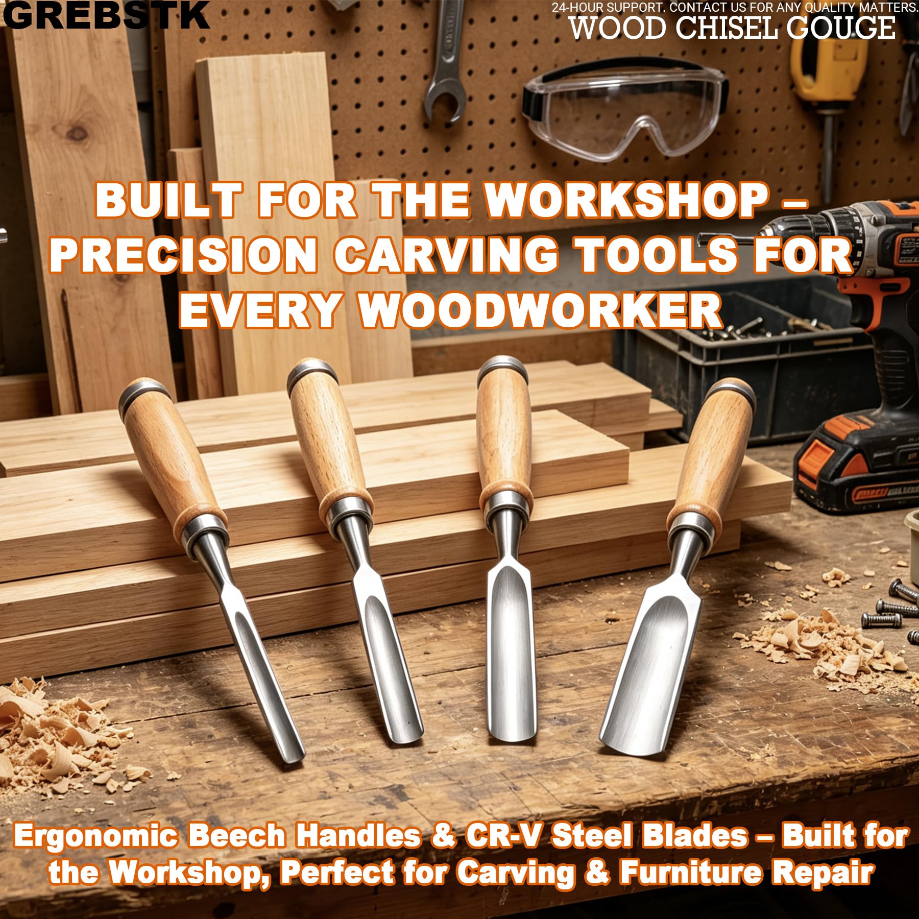 Wood Chisel Set - 4PC CR-V Blades, Ergonomic Handles -6 Wood Chisel Set - 4PC CR-V Blades, Ergonomic Handles -6