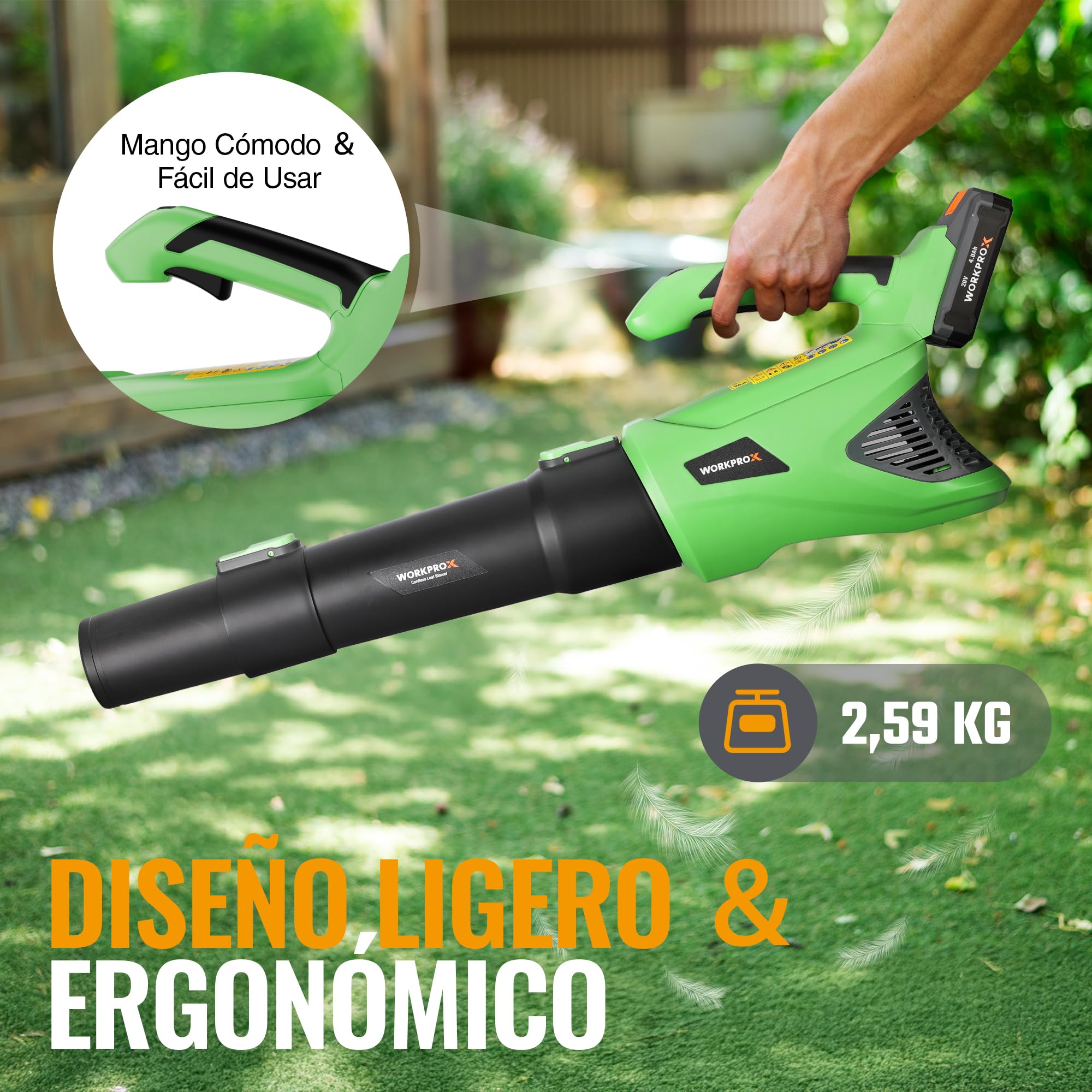 WORKPROX Soplador de Hojas, 20V Soplador de Hojas Bateria, con Flujo de Aire Potente 144KM/H, Capacidad 850 M³/H, Control de 5 Velocidad, Sopladora para Jardineria | con Flujo de Aire Potente 144KM/H, Capacidad 850 M³/H, Control de 5 Velocidad, Sopladora