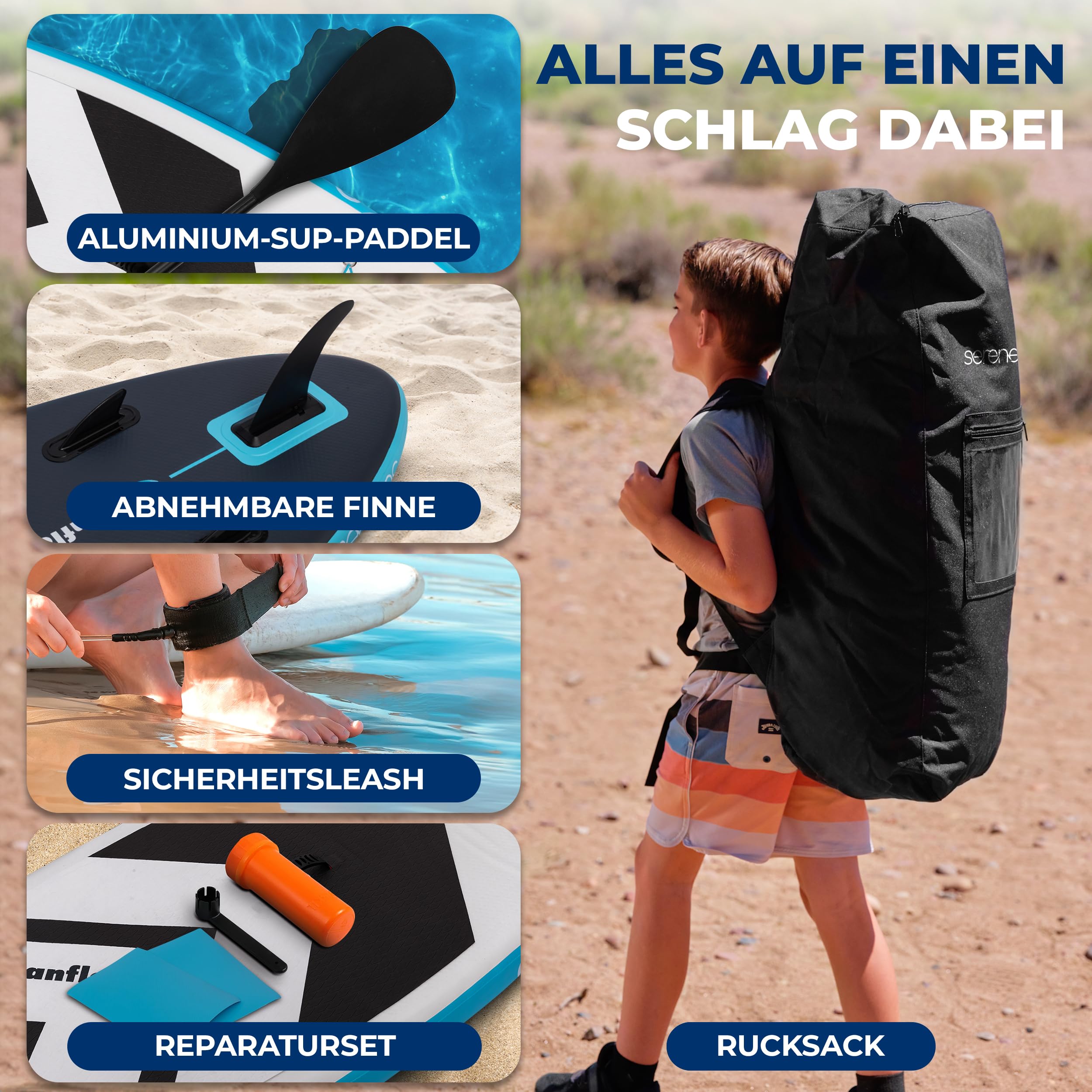 SereneLife Kinder SUP Board Aufblasbar Set – Stand Up Paddling Board mit Zubehör, rutschfestem Eva-Deck für See, Fluss, Freizeit und Touring