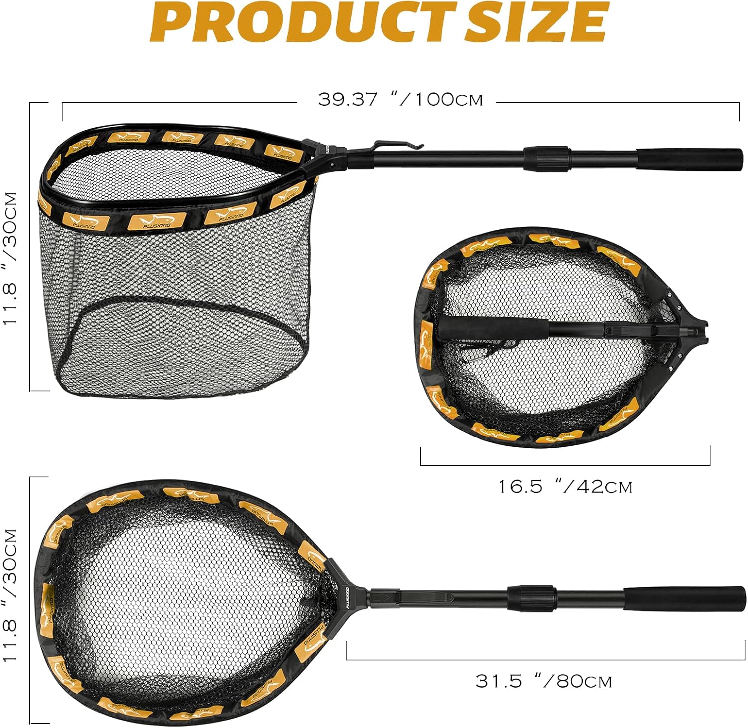 PLUSINNO Fishing Net Fish Floating Landing Net, Kayak Nets with Fixed Foldable Telescopic Pole Handle, Bass Trout Fishing Nets with Nylon Mesh for Pond Lake River, Fishing Gear Gifts for Men Anglers