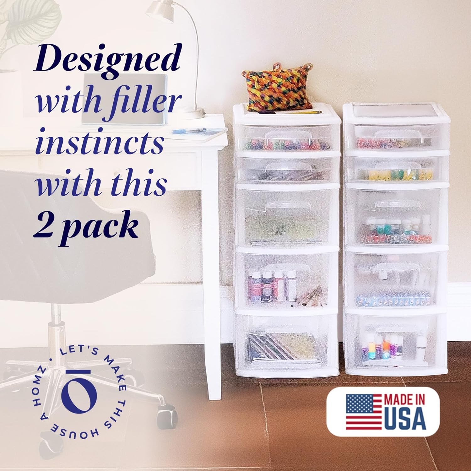 HOMZ 2-Pack Drawer Tower, 5-Tier Clear Plastic Storage Organizer Unit, White Frame - Multi-Purpose Container Drawers for Bedroom, Bathroom, and Office Organization - Image 4