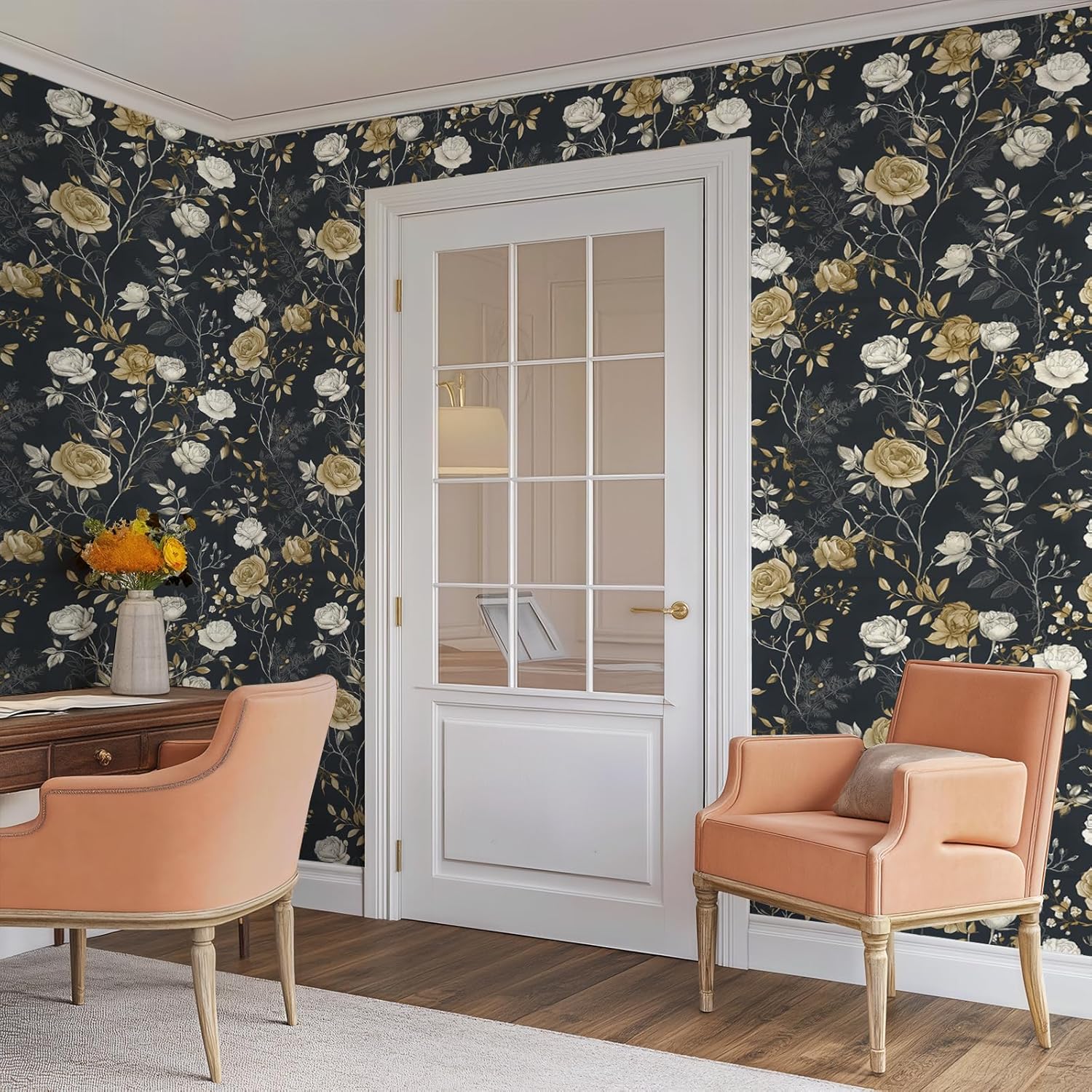 Vintage Hand-Drawn Rose Wallpaper Peel and Stick Removable 17.7" x 236.22" Delicate Leaf Twigs Botanical Wall Paper Self Adhesive for Classroom Bedroom Laundry Room Bathroom