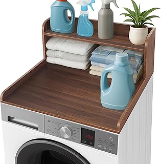 Royxen Washer Dryer Countertop with Shelf,2-Tier Laundry Countertop for Single Washer and Dryer,Soild Wood Washer Dryer Topper for Laundry Room Organization (Walnut)