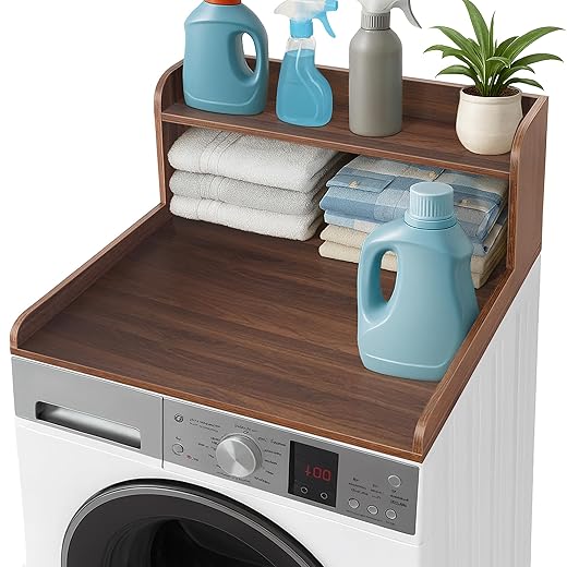 Royxen Washer Dryer Countertop with Shelf,2-Tier Laundry Countertop for Single Washer and Dryer,Soild Wood Washer Dryer Topper for Laundry Room Organization (Walnut)