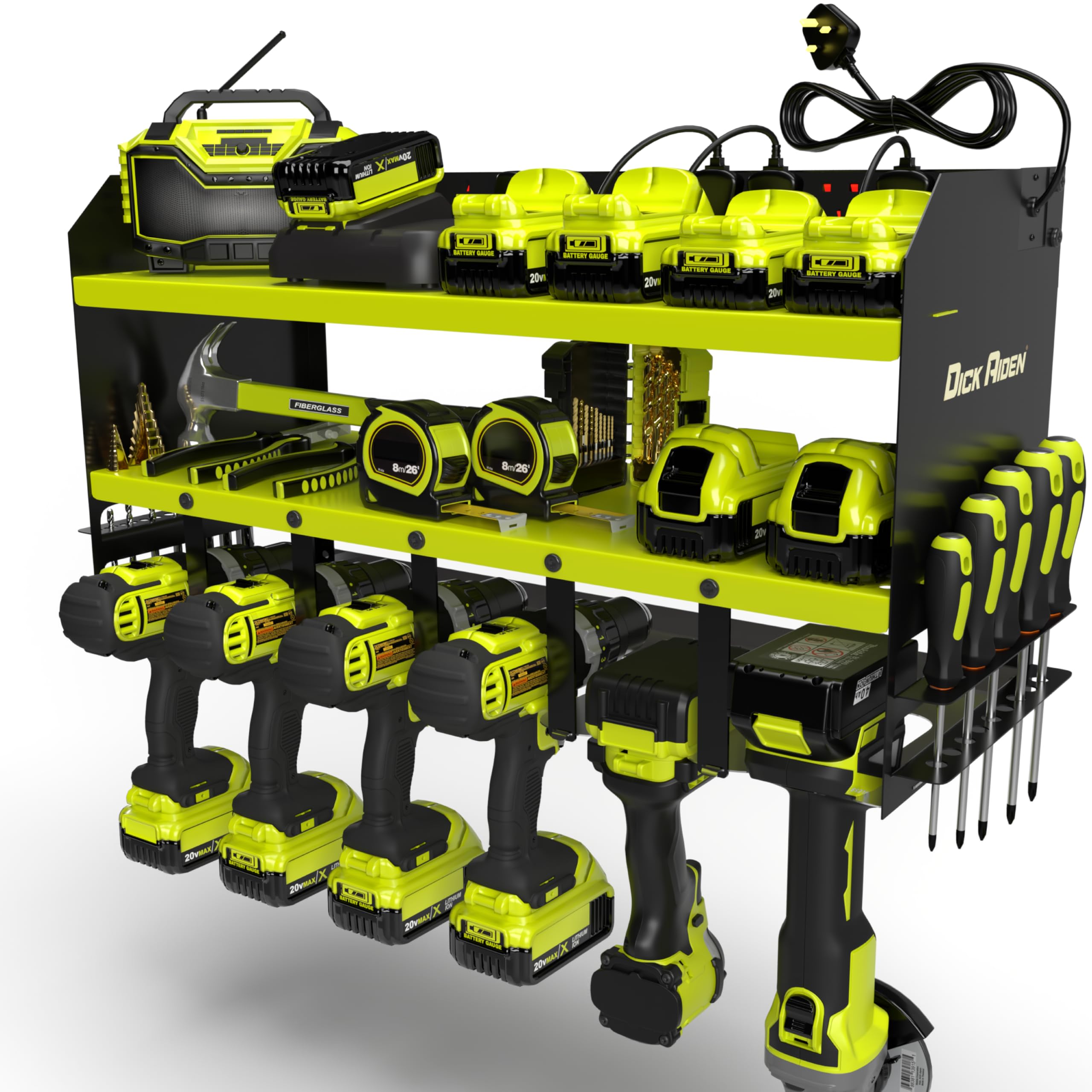 Toolganize Power Tool Organiser, Storage Rack with Power Strip Charging Station, Heavy-Duty for Workshop & Garage Tools - 6 Slot, Ryobi Acid Green.
