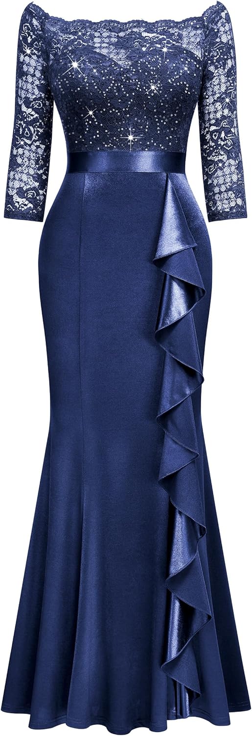 MISSMAY Women's Sexy Off Shoulder Floral Lace Formal Wedding Party Maxi Dress - Image 5