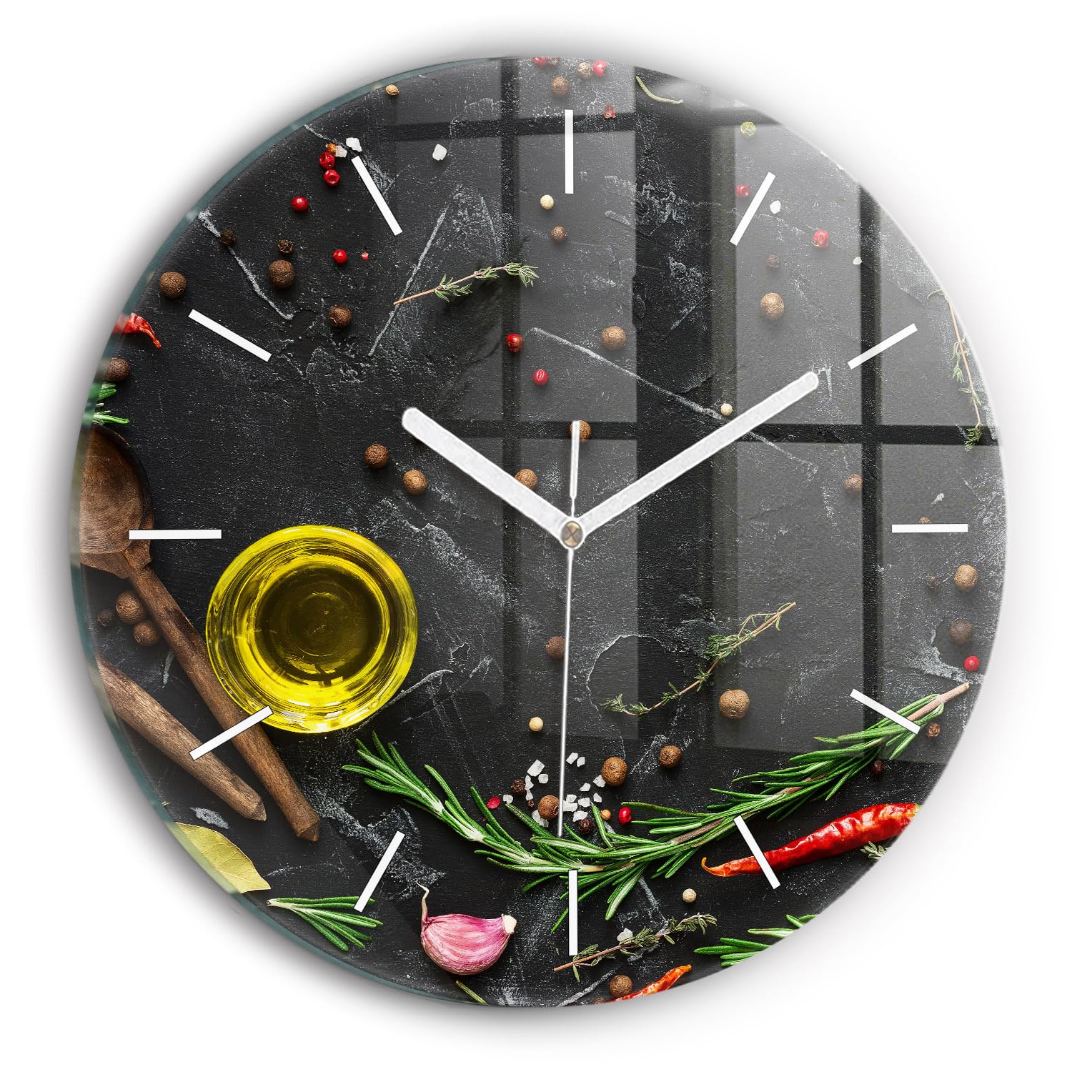 Horloge en verre 30 cm Wallfluent au motif d'épices sur le comptoir