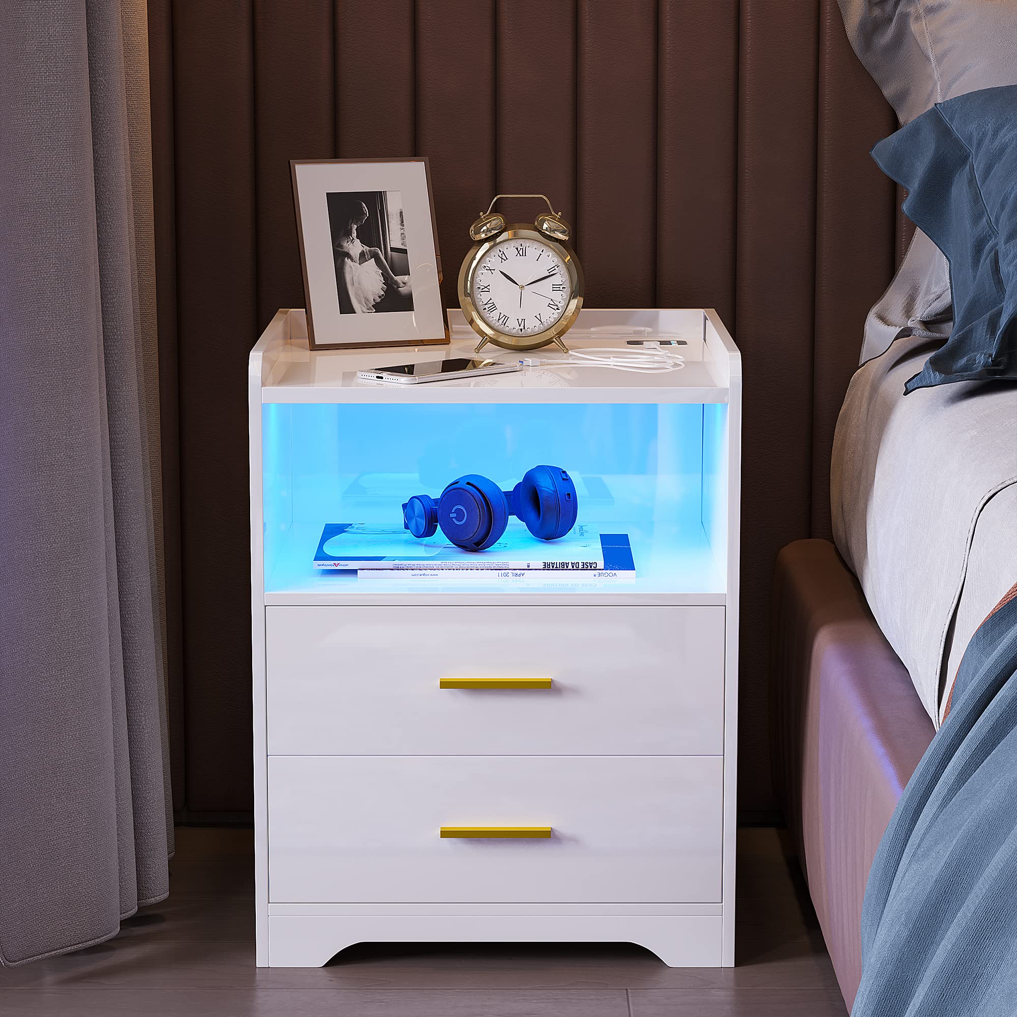 HNEBC Auto LED Nightstand with 2 USB Charging Station, High Gloss White Nightstand Side Table with 2 Drawers,Bedside Table has Infrared Induction/3 Color LED Lighting/Adustable Brightness(White)
