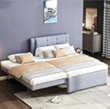 Merax Full Size Upholstery Platform Bed with Trundle,Trundle can be Flat or Erected, Modern Bed Frame with Linen Headboard for Kids, Adults, No Box Spring Needed, Gray