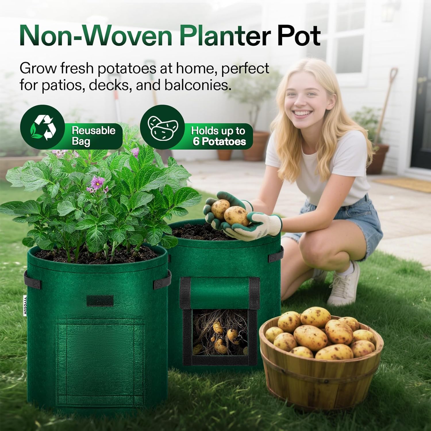 VIVOSUN 5-Pack 10 Gallon Potato Grow Bags for Growing Potatoes, Fabric Potato Pots with Handle and Roll-up Window, Potato Growing Containers Potato Planter Potato Planter for Growing Potatoes, Green