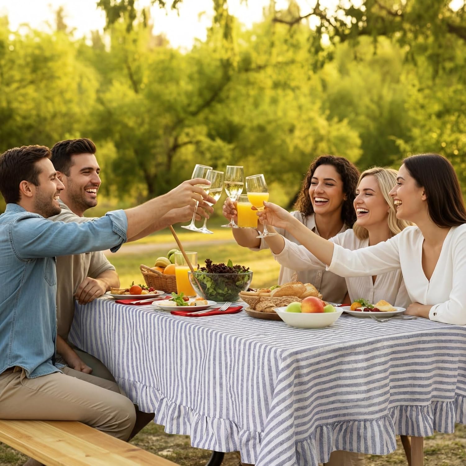Boao Cotton 52 x 70 Inch Farmhouse Ruffle Tablecloth Blue White Striped Flounces Trim Table Cover for Rectangle Table Kitchen Party Wedding Decor
