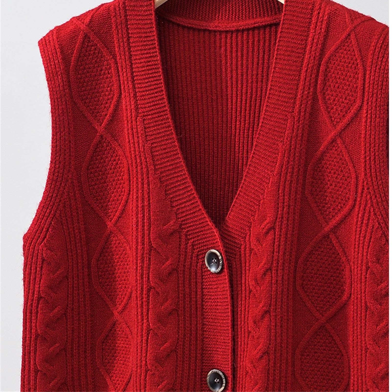 Chalecos de punto para mujer, suéteres de punto para mujer, chaleco de punto sólido con cuello en V, botones, sin mangas, ligero, frente abierto, chaleco de punto trenzado para la vida diaria en