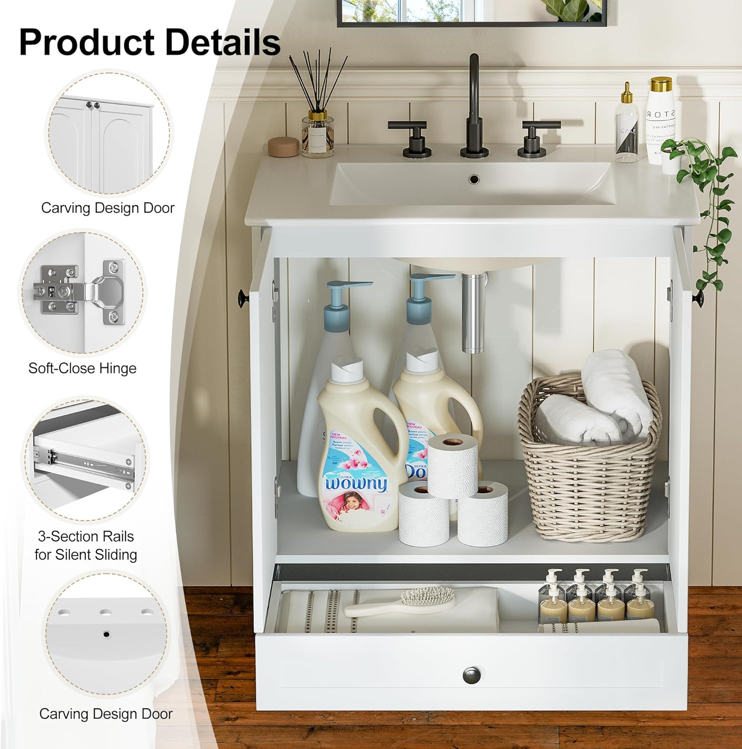 Freestanding Bathroom Vanity with Ceramic Sink, Large Storage Cabinet with Drawers, Metal Handles,Modern Undermount Sink Vanity Combo for Master Bathroom, White (Arched Panel, 30 Inch)