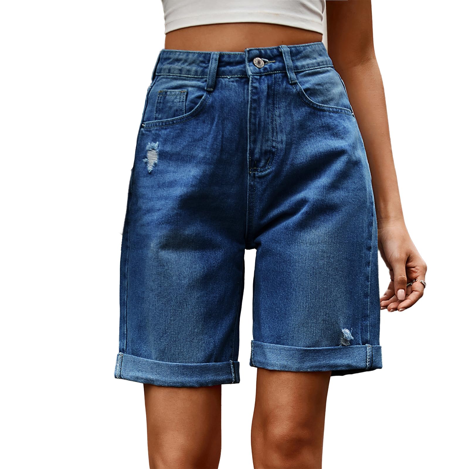 Short in Jeans Donna Bermuda a Vita Alta, Gamba Ampia, Risvolto, Cinque Tasche, Chiusura Bottone Zip, Casual