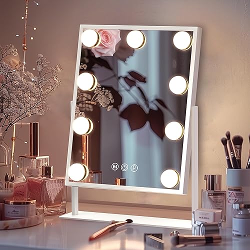 Fenair Espejo de maquillaje con luces con aumento de 10X, espejo Hollywood iluminado con 9 bombillas LED regulables, espejo de tocador Hollywood,