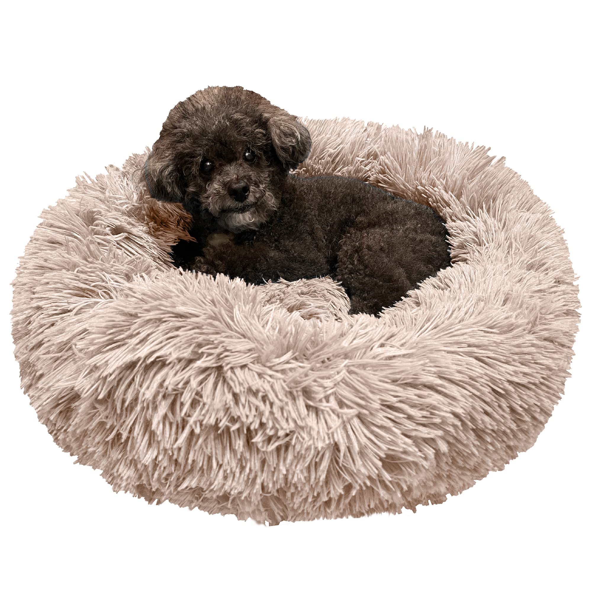PetAmi Small Calming Dog Bed for Dogs Puppy, Round Washable Pet Bed for Cat Kitten, Anti Anxiety Dog Bed Cuddler for Couch, Fluffy Plush Circular Dog Donut Bed, Fits up to 25 lbs, 23 inch, Taupe