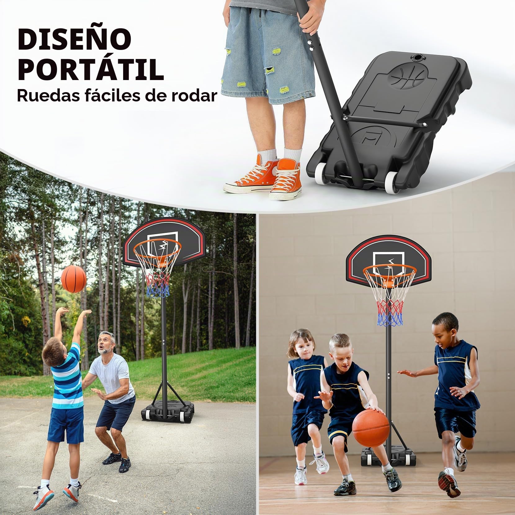 YOLEO Canasta de Baloncesto Exterior Ajustable 110-210 cm Móvil con Ruedas