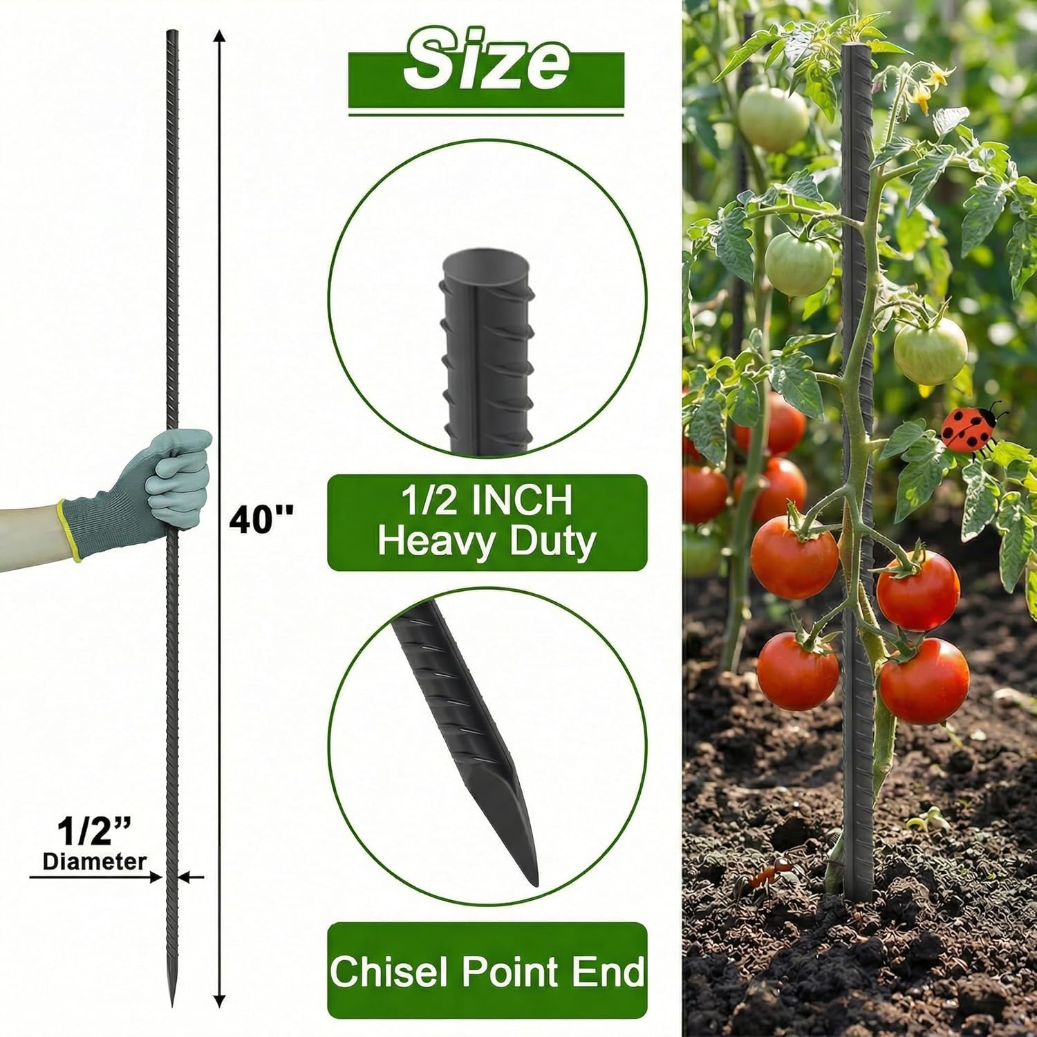 aagut rebar stakes 40 inch 10 pcs, 1/2" heavy duty straight ground garden stakes landscpe timber spikes with chisel point end for cement, concrete form, plant support, black 10pcs black i-40 inch-?1/2"