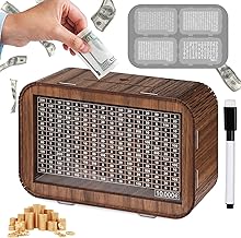 4-in-1 Original Wooden Money Box - Money Box with Numbers (Fully Assembled, 1000€/3000€/5000€/10000€) - Reusable Money Box - Piggy Bank with Marker - Goalsaver Box