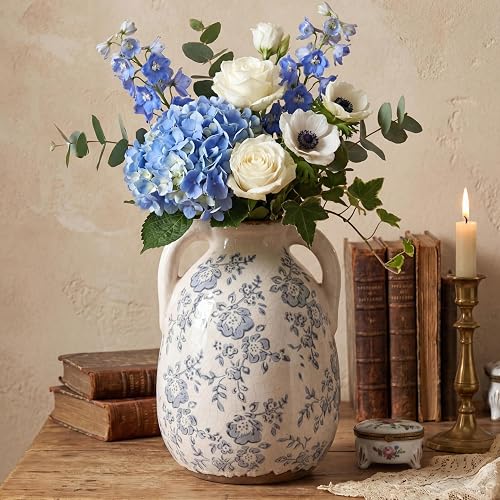 Ronasip Vintage Chinoiserie Blue and White Ceramic Vases Decor 7” Retro Ice Crackle Hand-Painted Peony Ceramic Pitcher Antique Style Home Decor (7.5 Inch Blue and White)