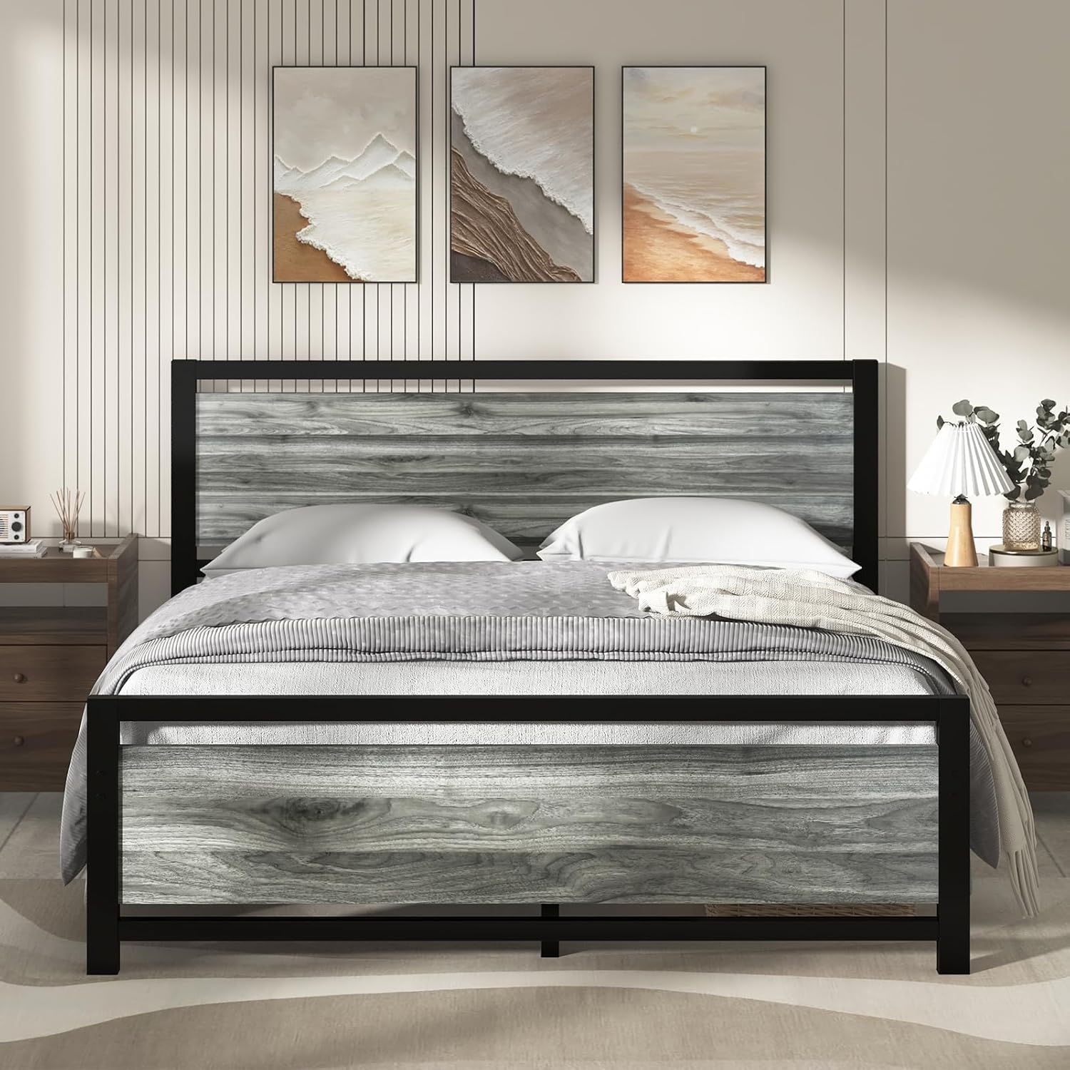 Queen Bed Frame with Headboard, Industrial Style Bed Frame Queen Size, Queen Size Bed Frame with Wooden Footboard, No Box Spring Needed, Noise-Free, Easy Assembly, Wash Grey