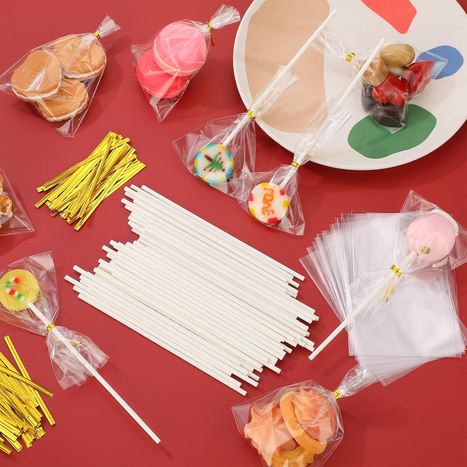 1800 Pcs Cake Pop Sticks and Wrappers Kit Including 600 Pcs 6 Inch Lollipop Stick 600 Pcs Clear Treat Bags Parcel 600 Pcs Gold Twist Ties Making Tools for DIY Lollipops, Chocolates, Candies