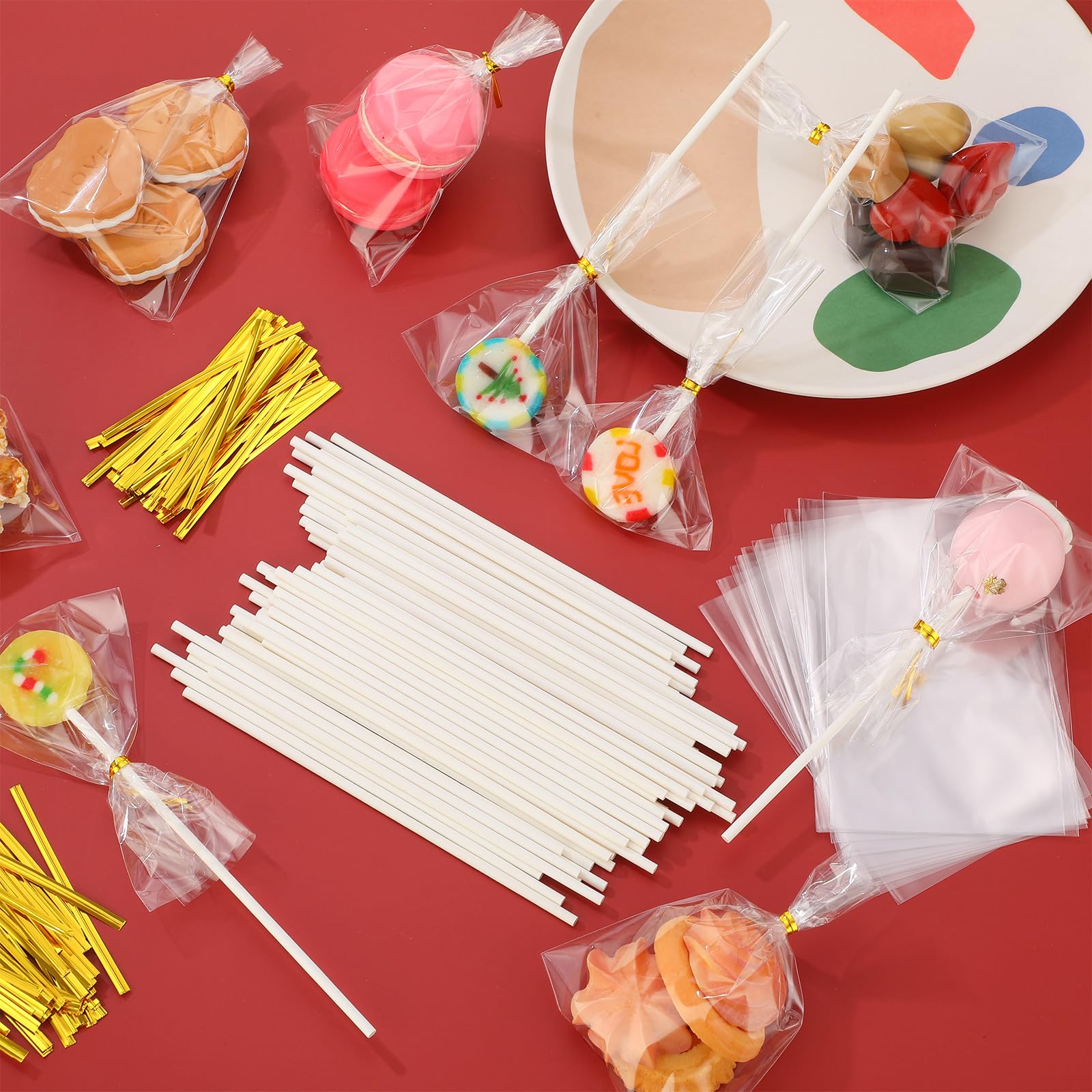 Seajan 600 Stück 15,2 cm Cake Pop Sticks und Wrappers Set inkl. 600 Stück Lollipop Stick 600 Stück transparente Leckerlibeutel 600 Stück Gold Twist Krawatten Herstellung Werkzeuge für DIY Lutscher,