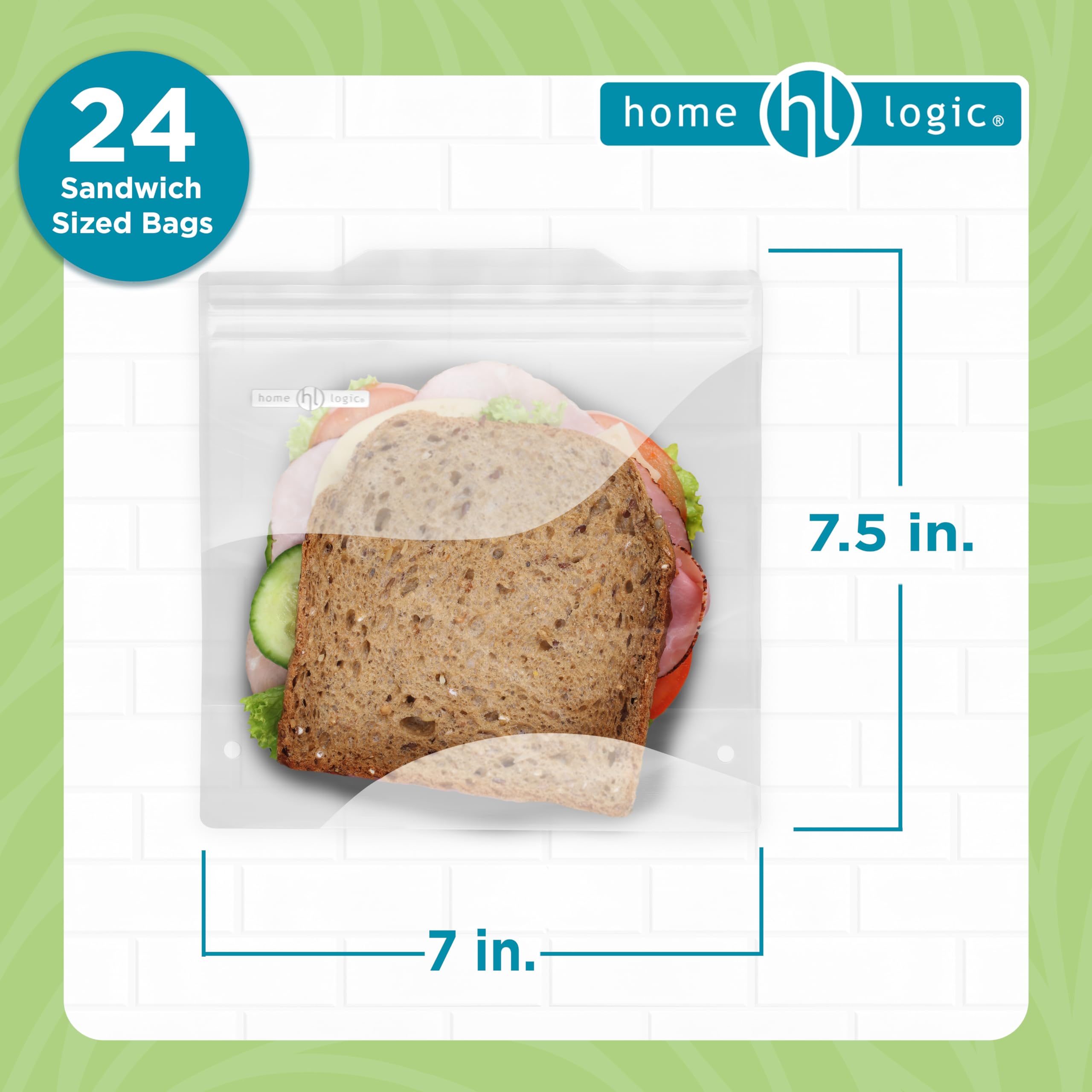 Home Logic Reusable Sandwich Bags – Leak Proof Food Storage for Snacks & More – 24 Bags, 7 Inch Width