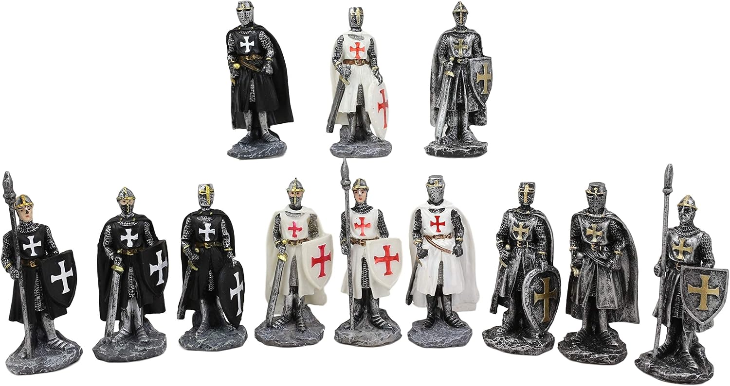 Ebros Gift Set of 12 Medieval Knights of The Cross Crusaders with Swords Halberds and Shields Figurines Suit of Armor Miniature European Knight Décor Sculptures