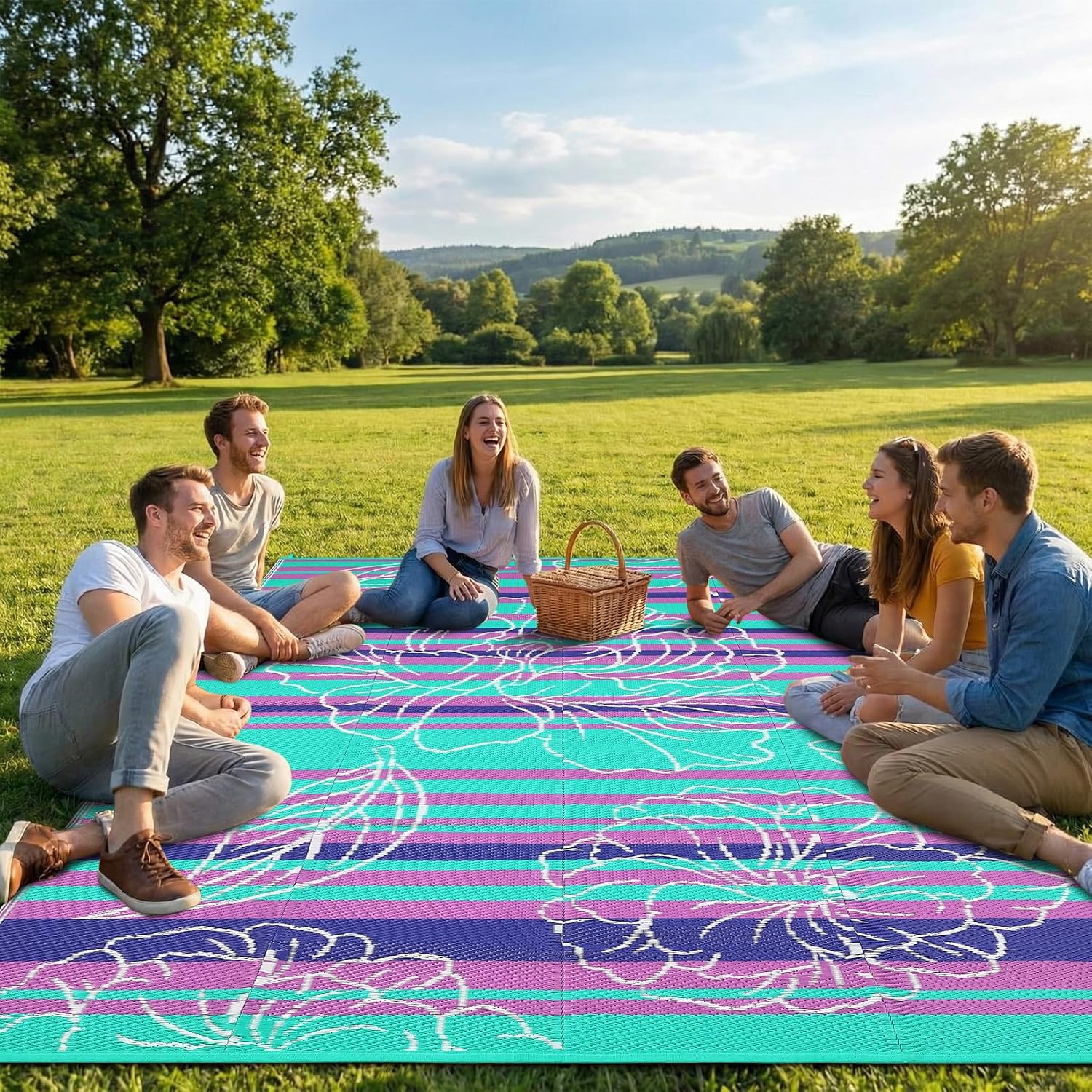 Garvee 8x10 Outdoor Waterproof Rug Reversible Straw Patio Rug Purple&Blue image 3