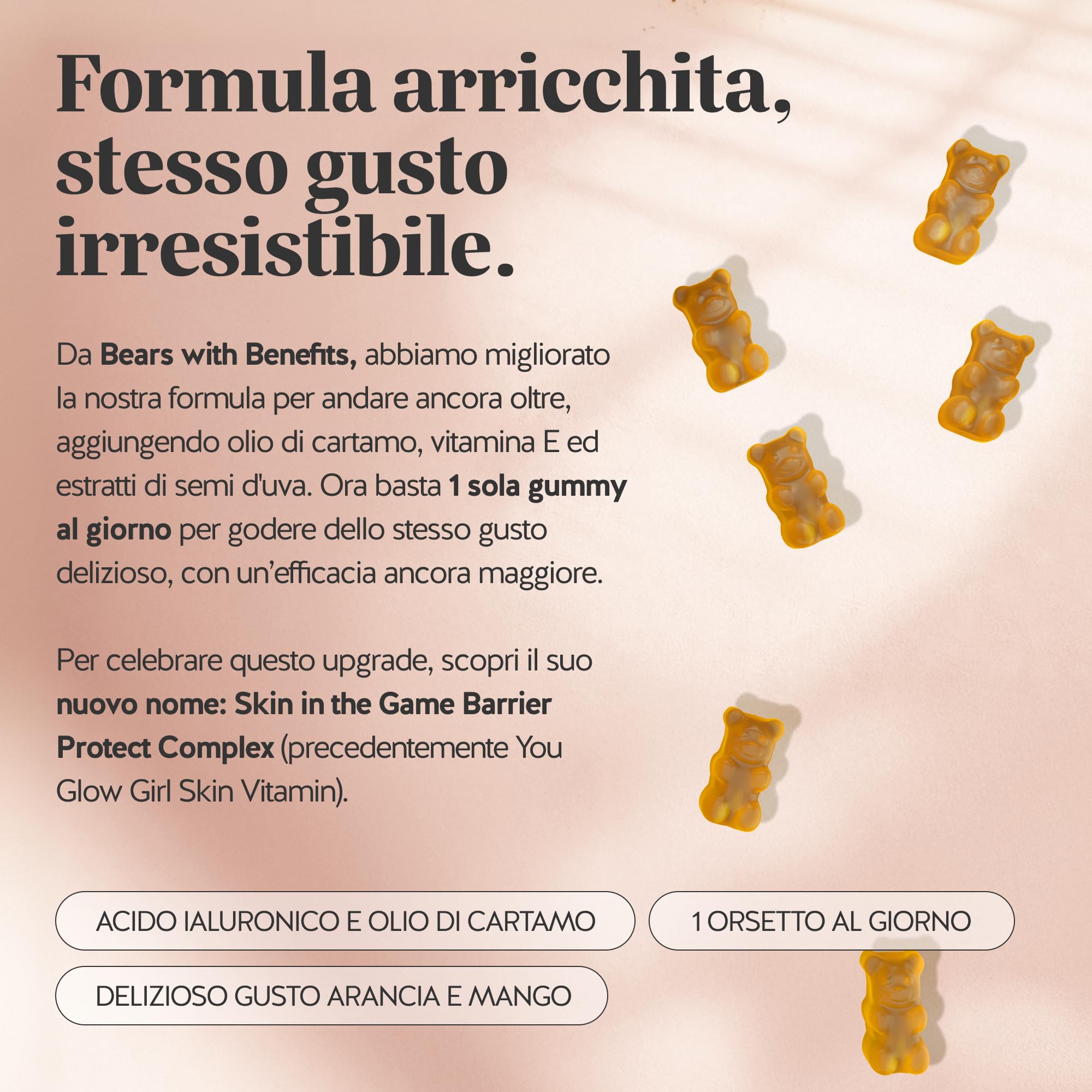 Bears with Benefits - Gommose Acido Ialuronico - Cura de la Pelle -90 pezzi | Skin in the Game - Acido Ialuronico, Zinco, Vitamine C & E, Olio di Cartamo - Cura da 3 mesi - Senza Zuccheri, Vegano
