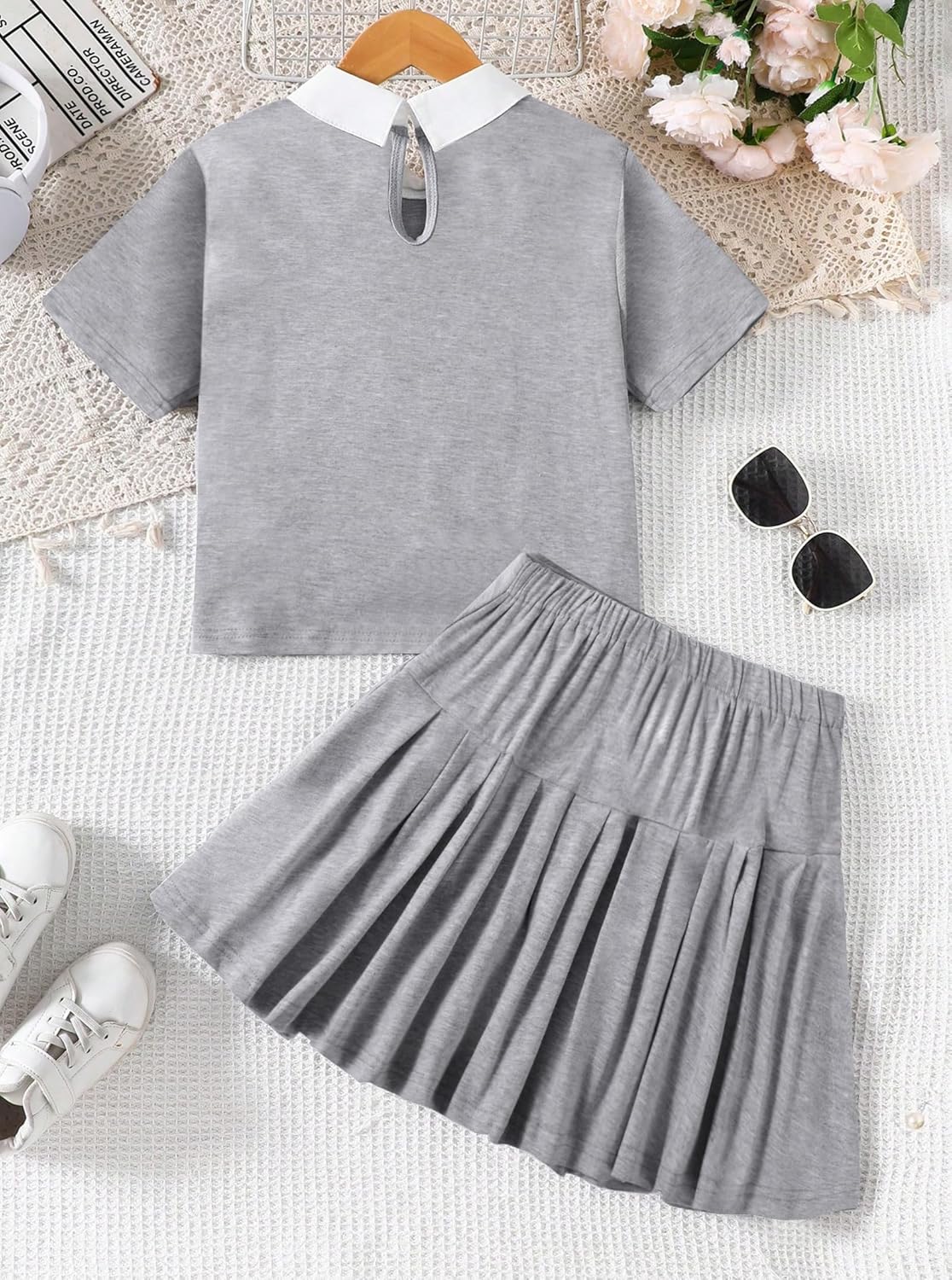 Girls 2 Piece Outifit Short Sleeve Graphic Top Polo Shirt and Pleated Skirt Set - Image 2