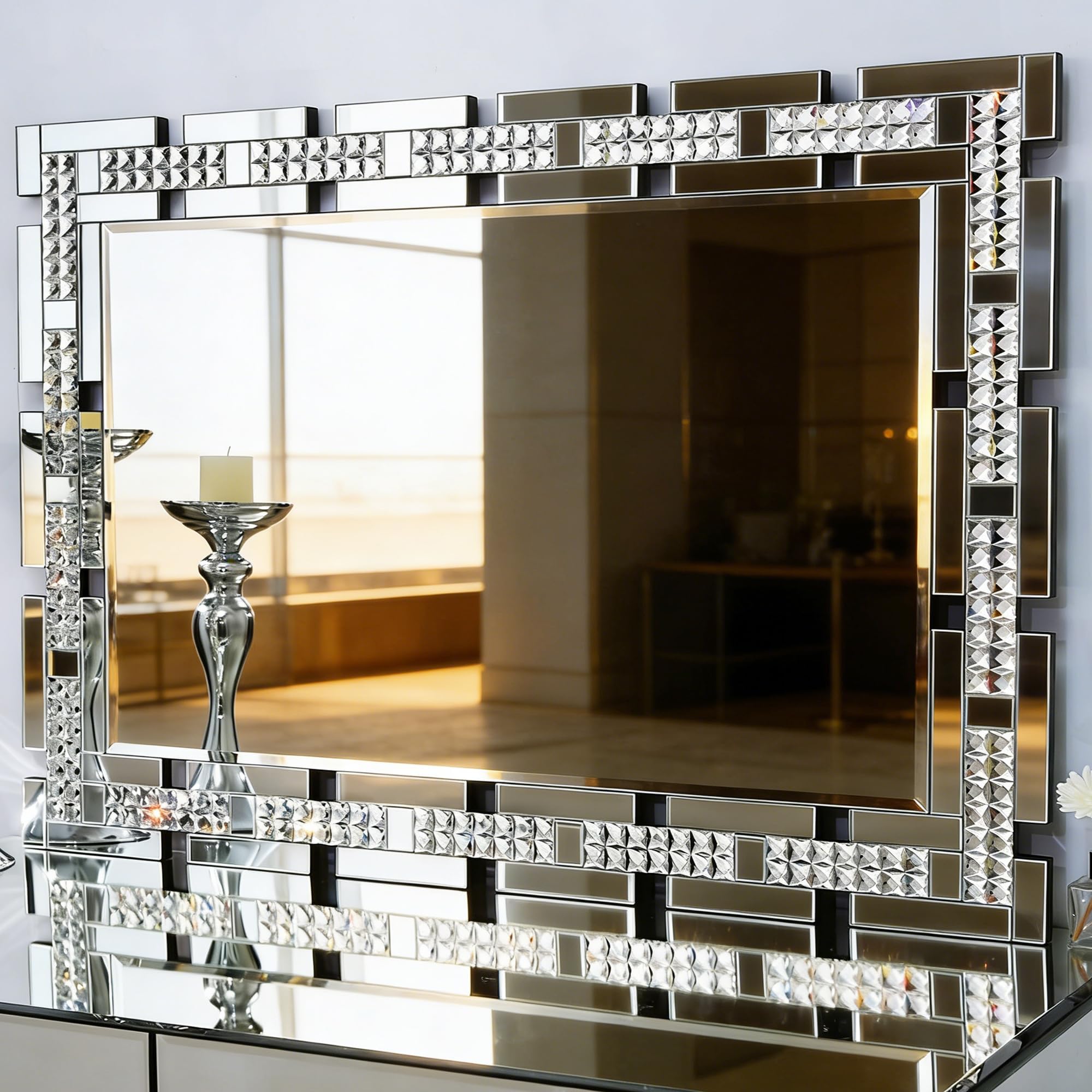 Chende 28" x 40" Large Living Room Mirror for Decor, Crystal Decorative Wall Mirror with Beveled Edge and Glass Frame, Rectangular Wall Decor for Home Office, Dining Room, Bathroom, Entryway